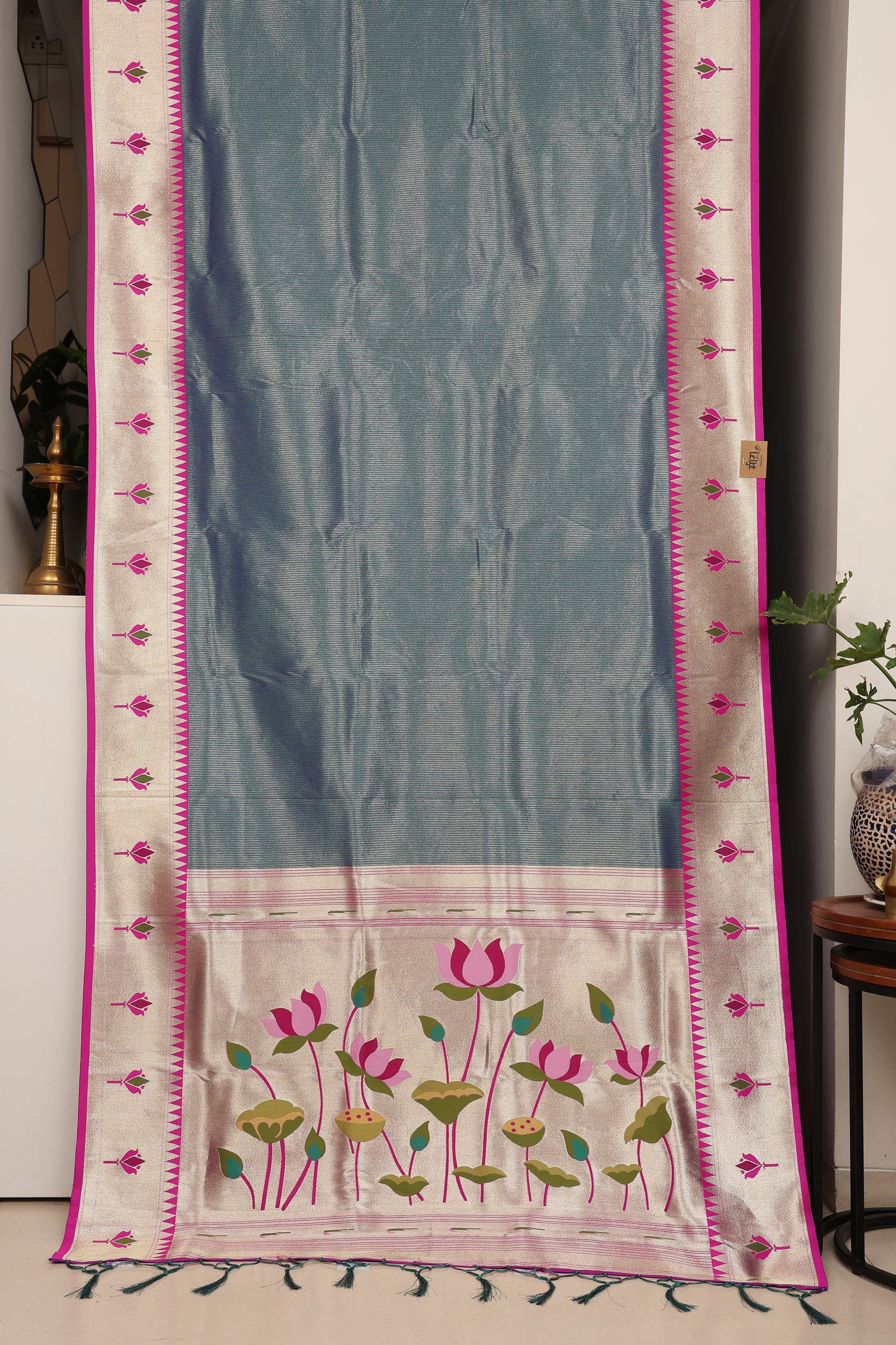 Petrol Blue Gold Zari Lotus Tissue Paithani