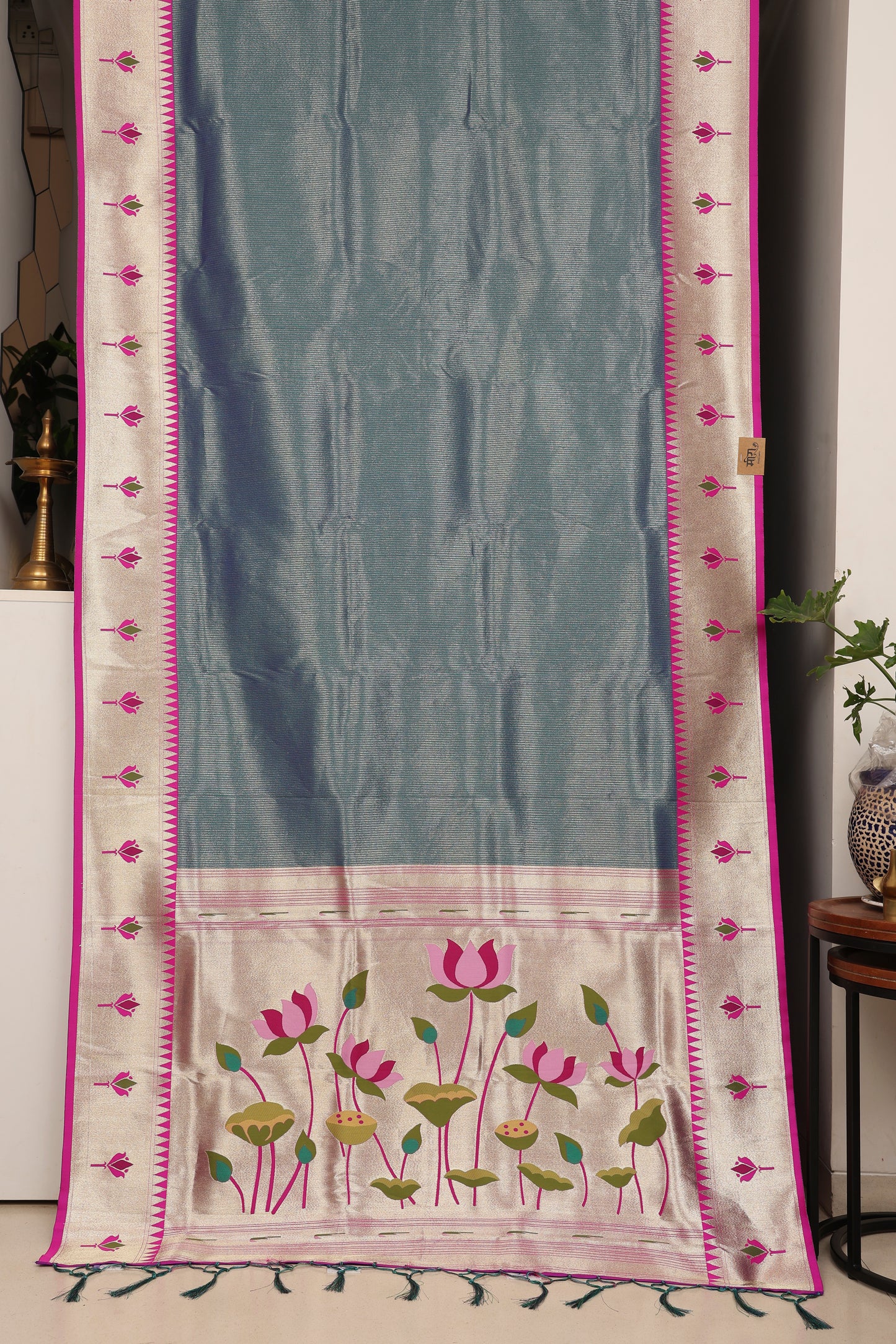 Petrol Blue Gold Zari Lotus Tissue Paithani