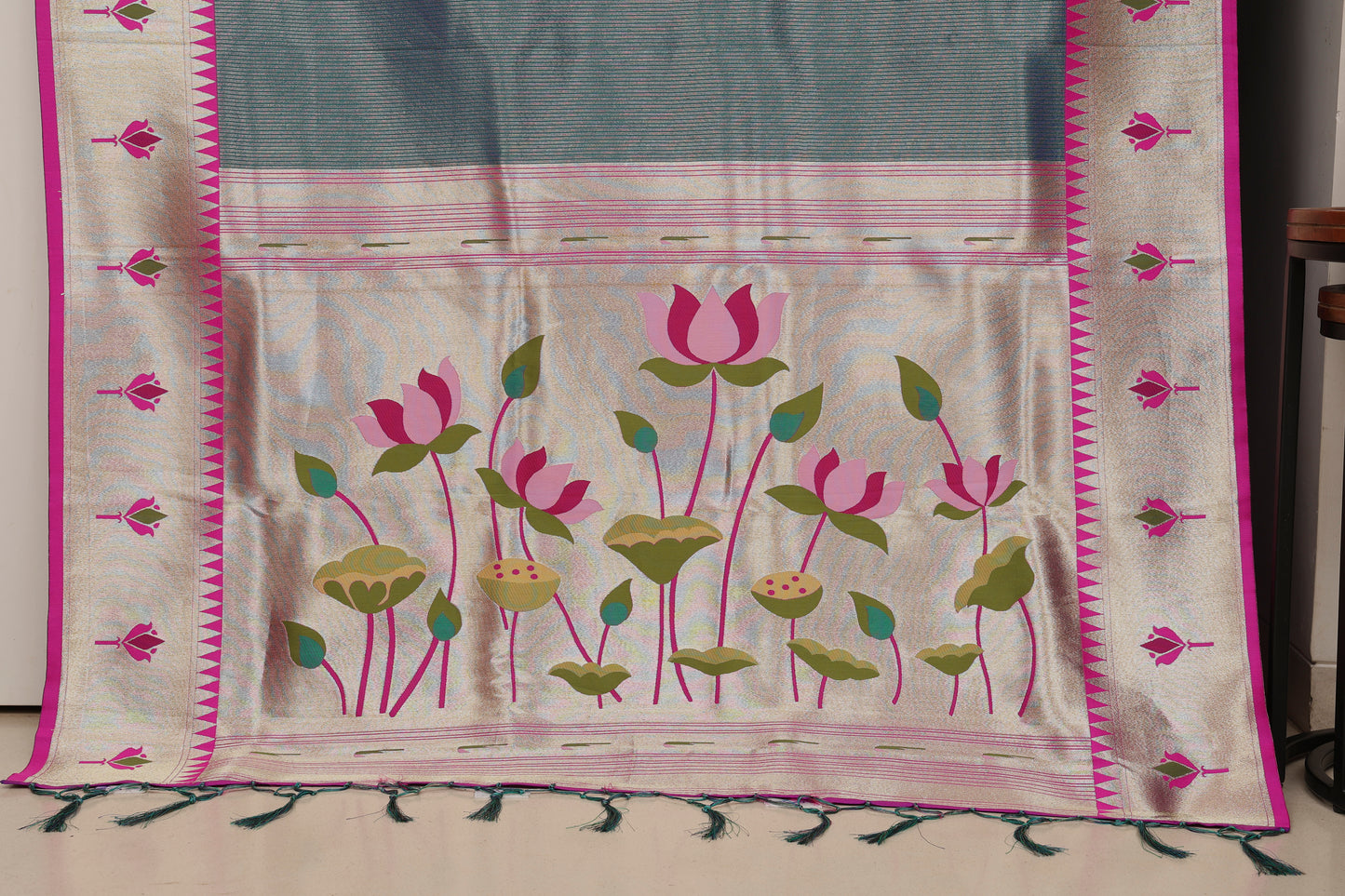 Petrol Blue Gold Zari Lotus Tissue Paithani