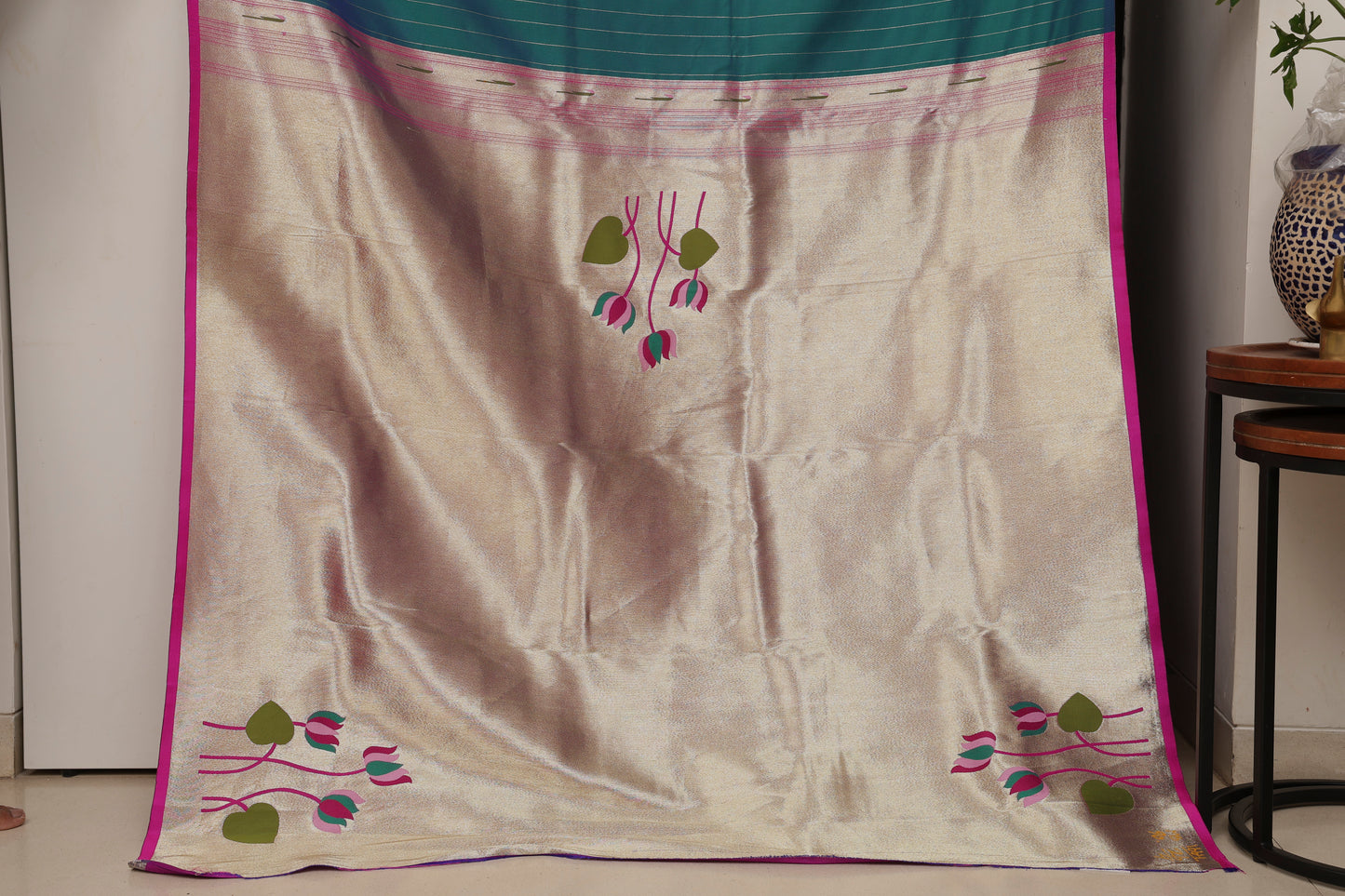 Petrol Blue Gold Zari Lotus Tissue Paithani