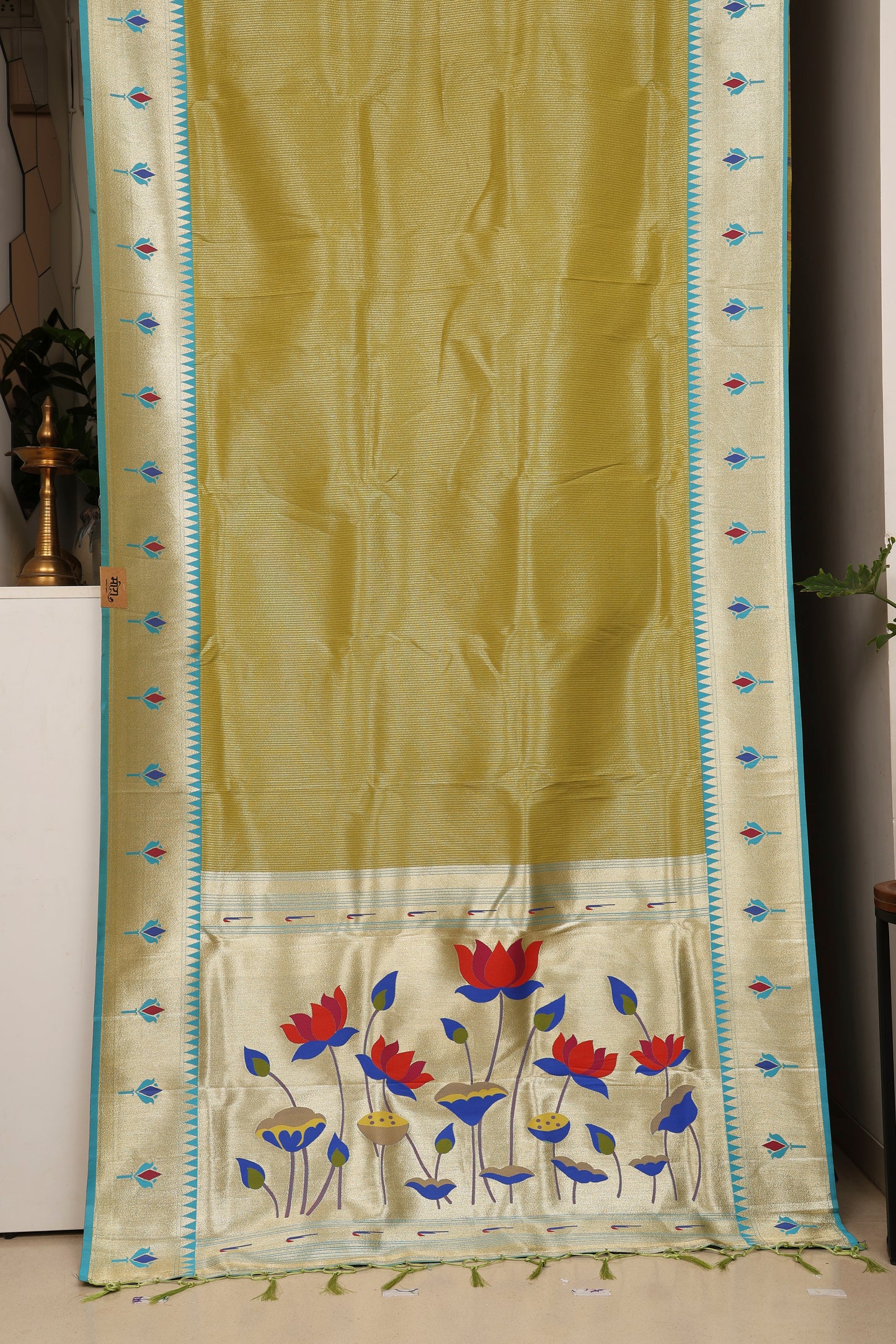 Lime Green Gold Zari Lotus Tissue Paithani