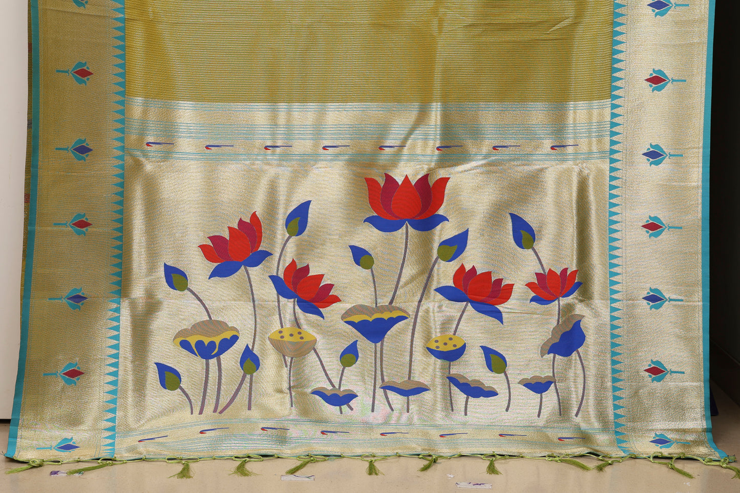 Lime Green Gold Zari Lotus Tissue Paithani