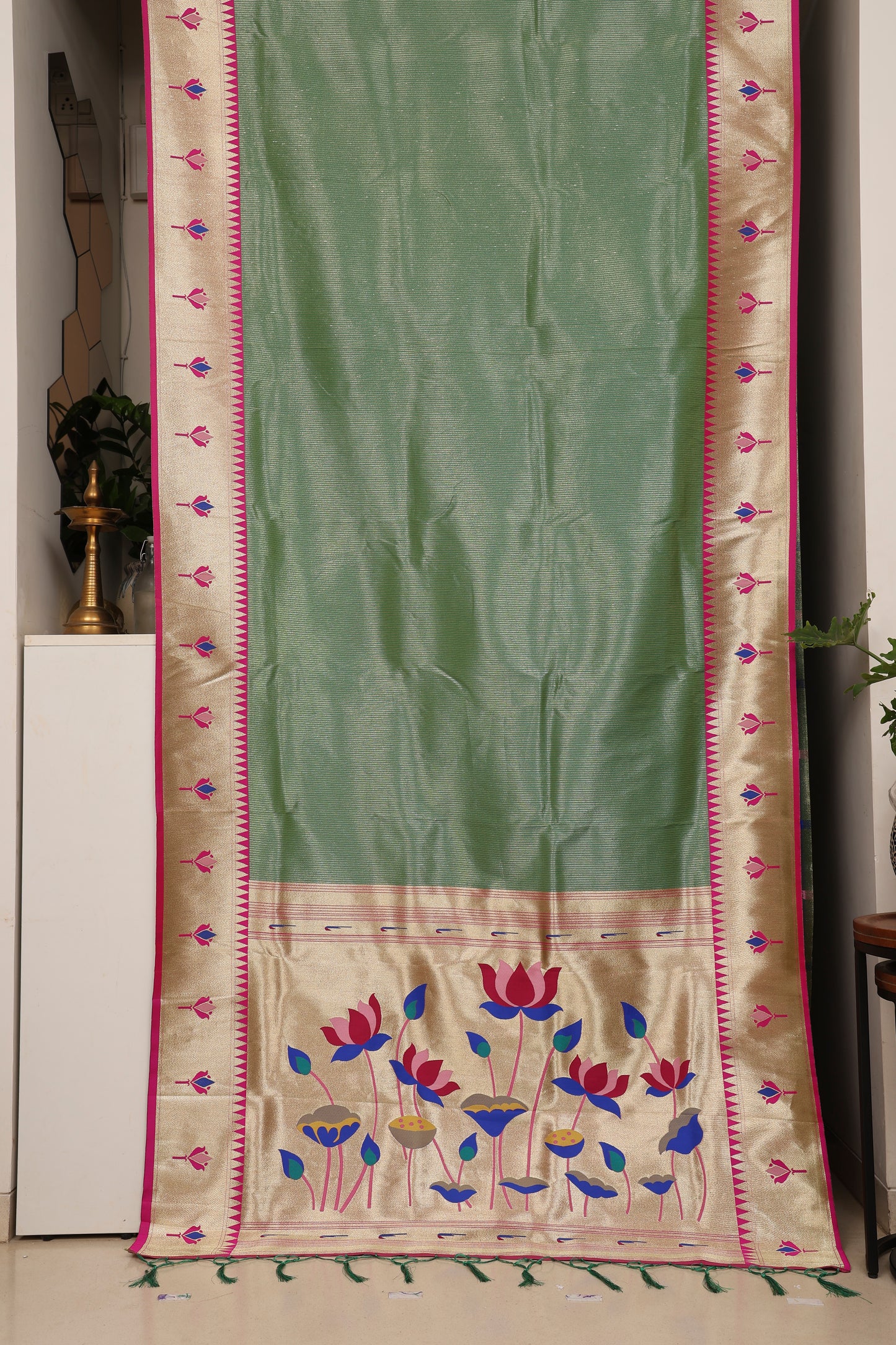 Mint Green Gold Zari Lotus Tissue Paithani