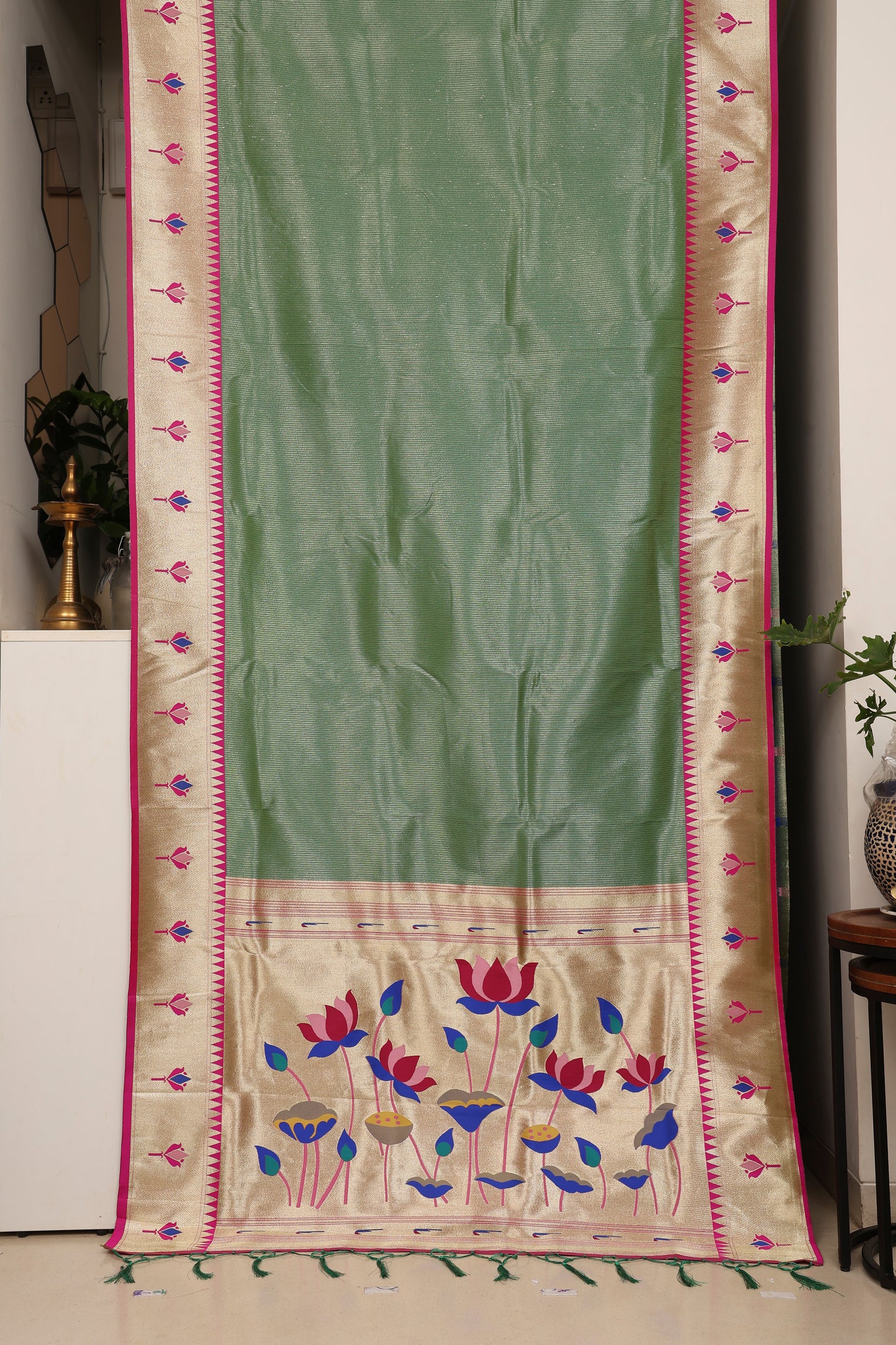 Mint Green Gold Zari Lotus Tissue Paithani