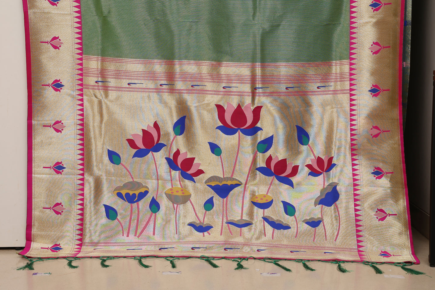 Mint Green Gold Zari Lotus Tissue Paithani