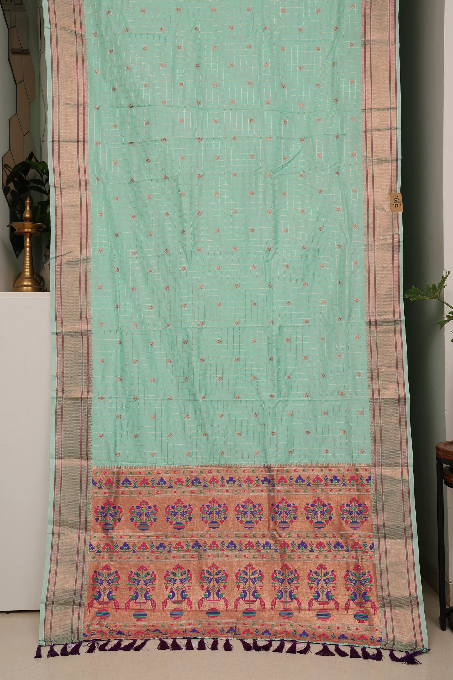 Mint Green Zari Check Paithani