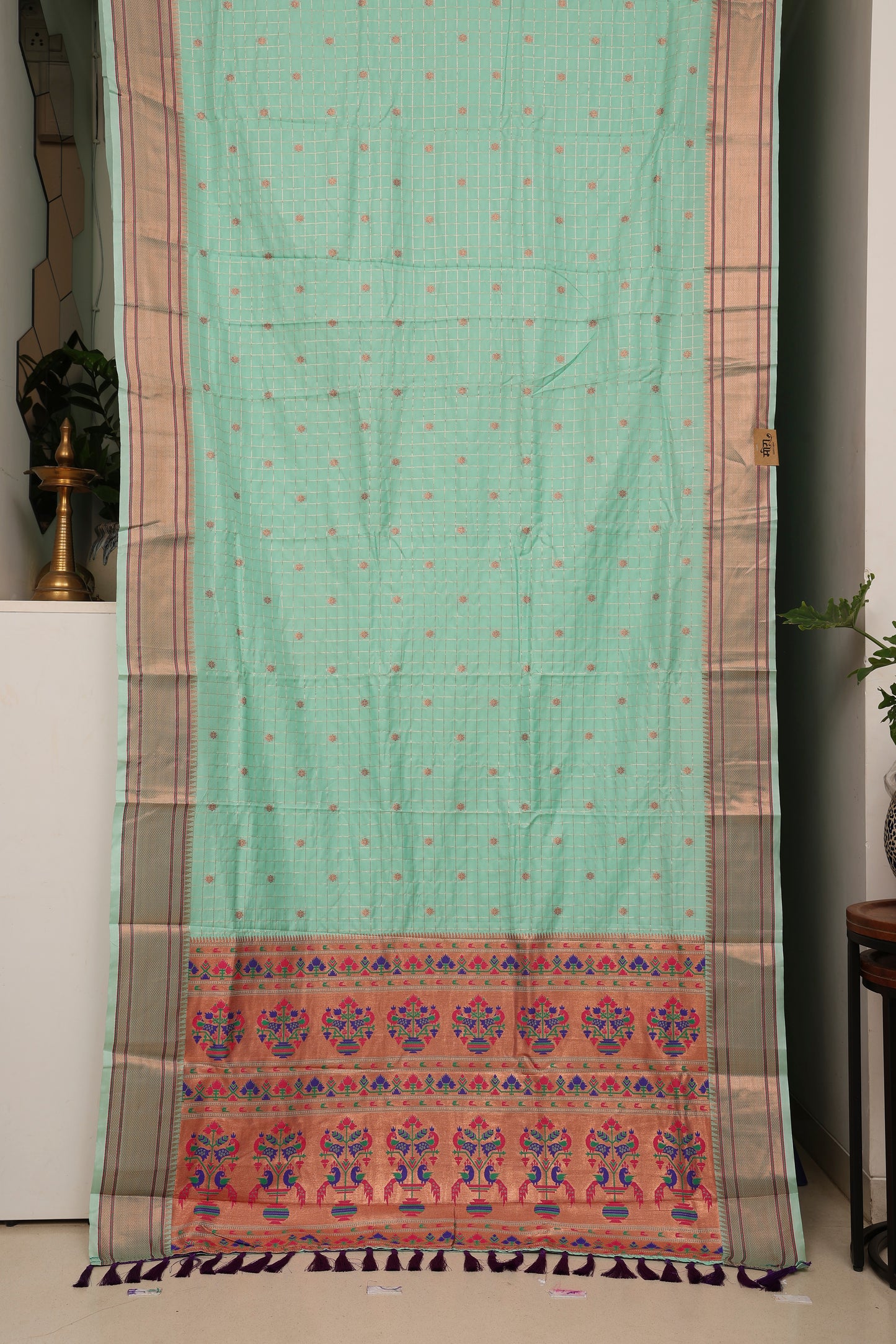 Mint Green Zari Check Paithani
