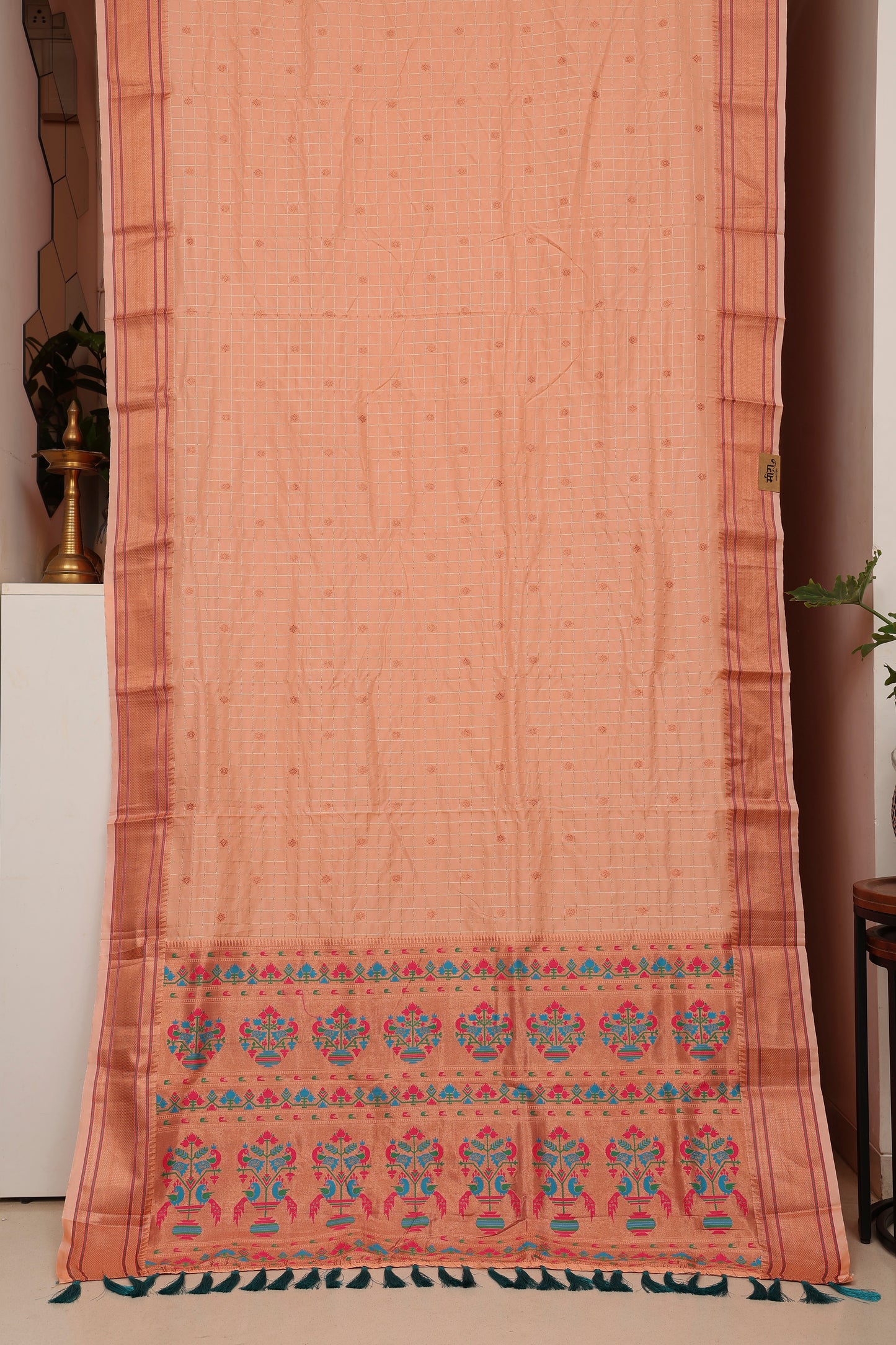 Peach Glow Zari Check Paithani