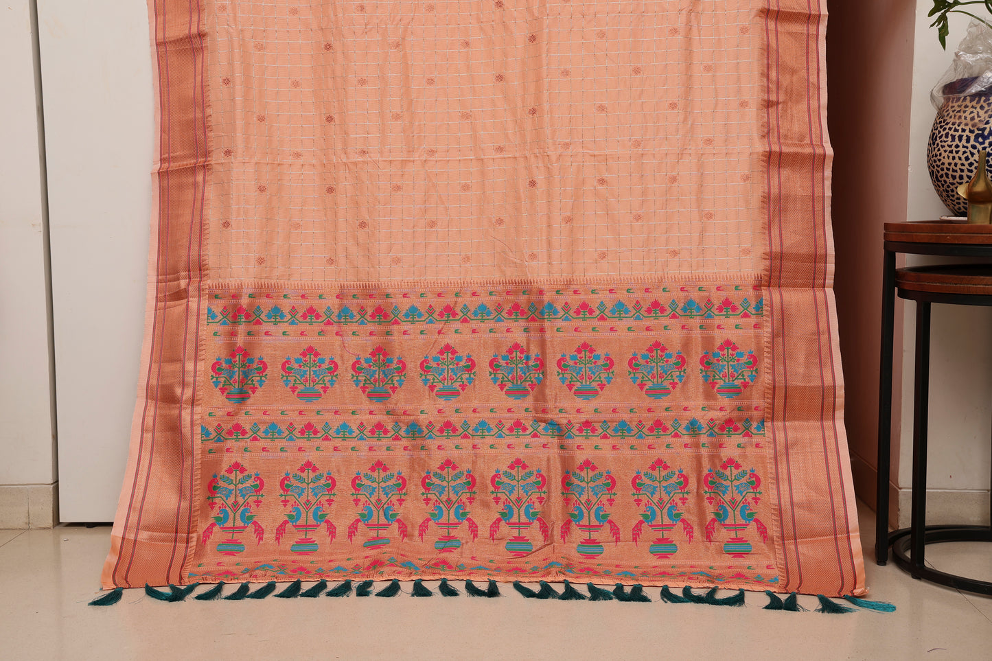 Peach Glow Zari Check Paithani