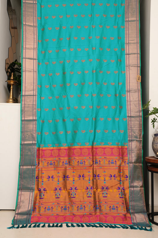 Peacock Teal Nath Butti Paithani