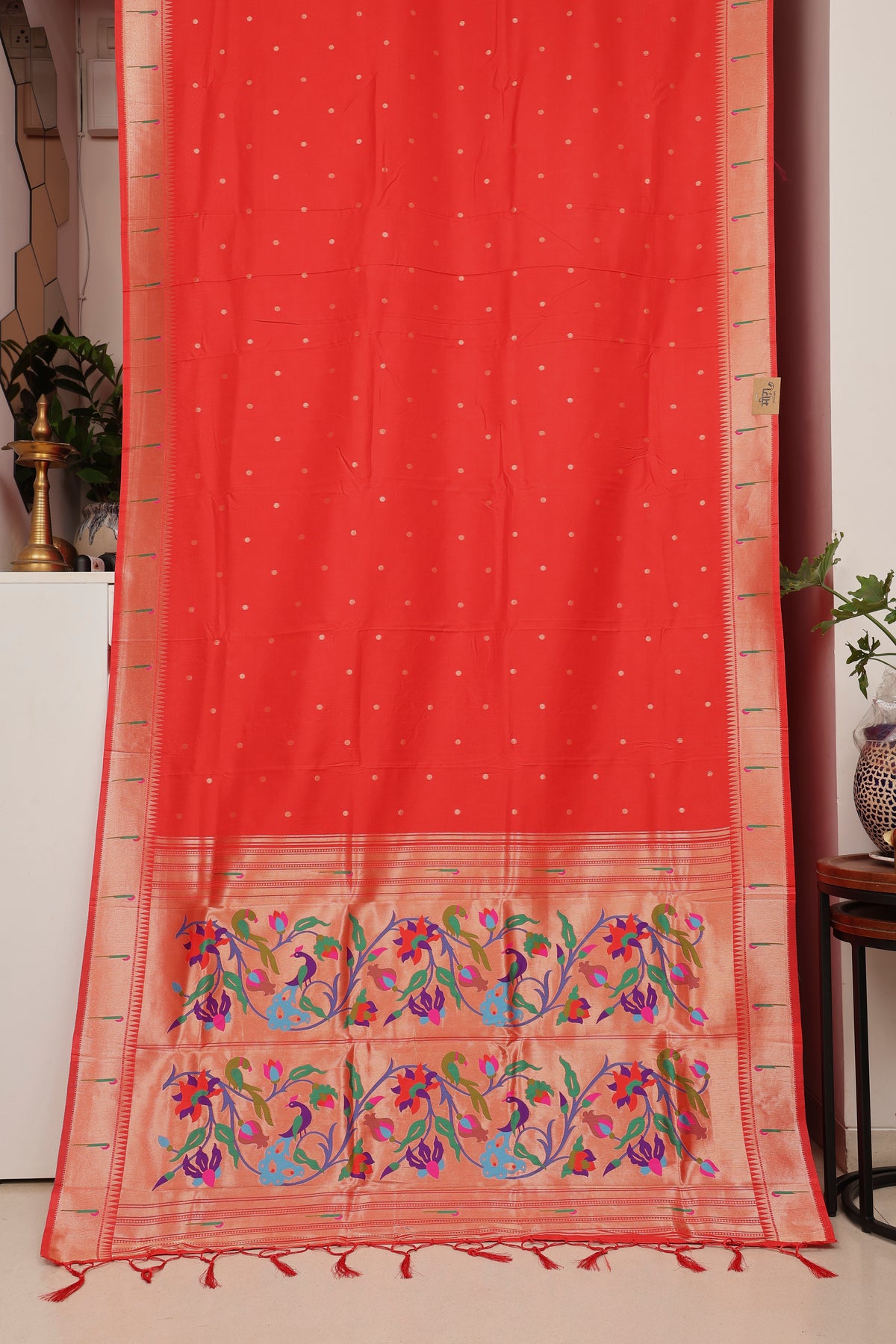 Vermilion Red Paithani and Kalamkari Fusion