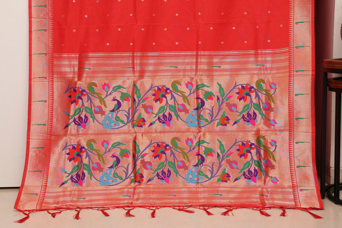 Vermilion Red Paithani and Kalamkari Fusion