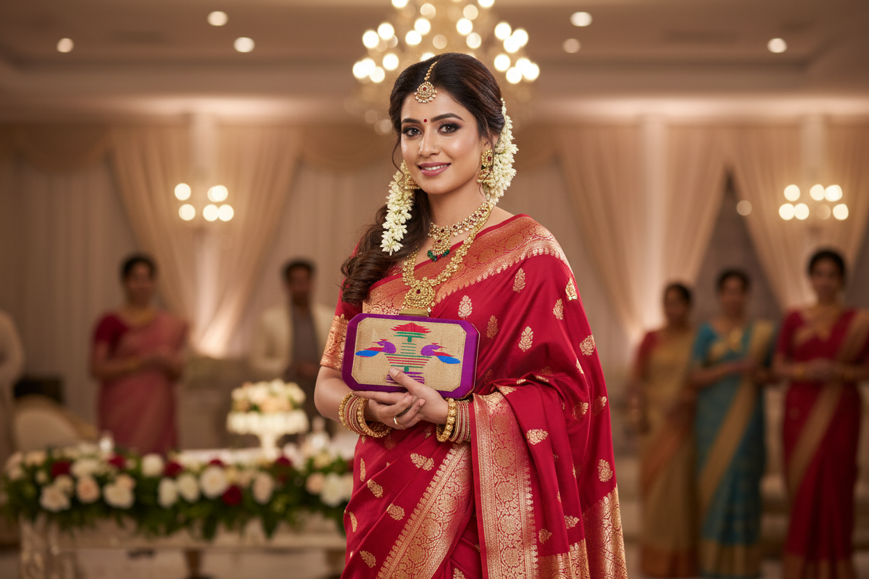 Rajasi Paithani Frame Clutch  - Magenta Rani