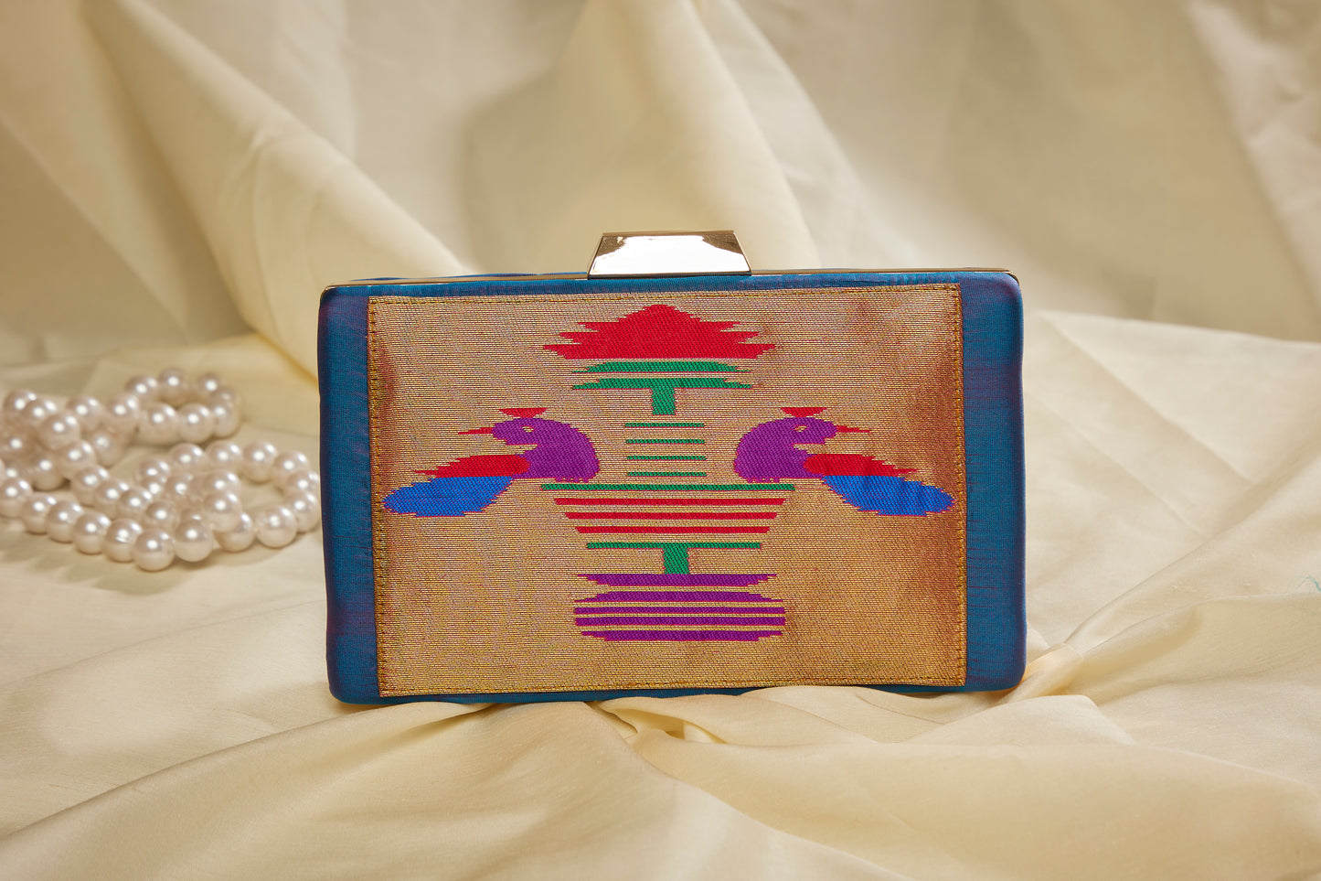 Rajasi Paithani Frame Clutch  - Peacock Teal