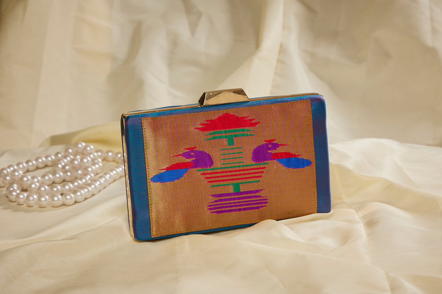 Rajasi Paithani Frame Clutch  - Peacock Teal