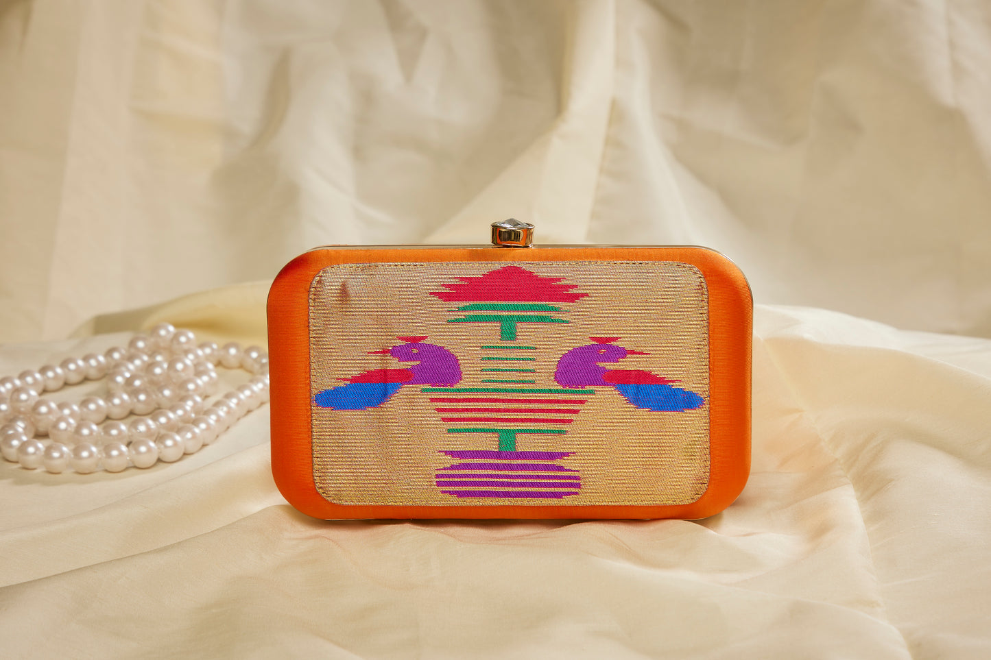 Rajasi Paithani Frame Clutch  - Kesari Orange