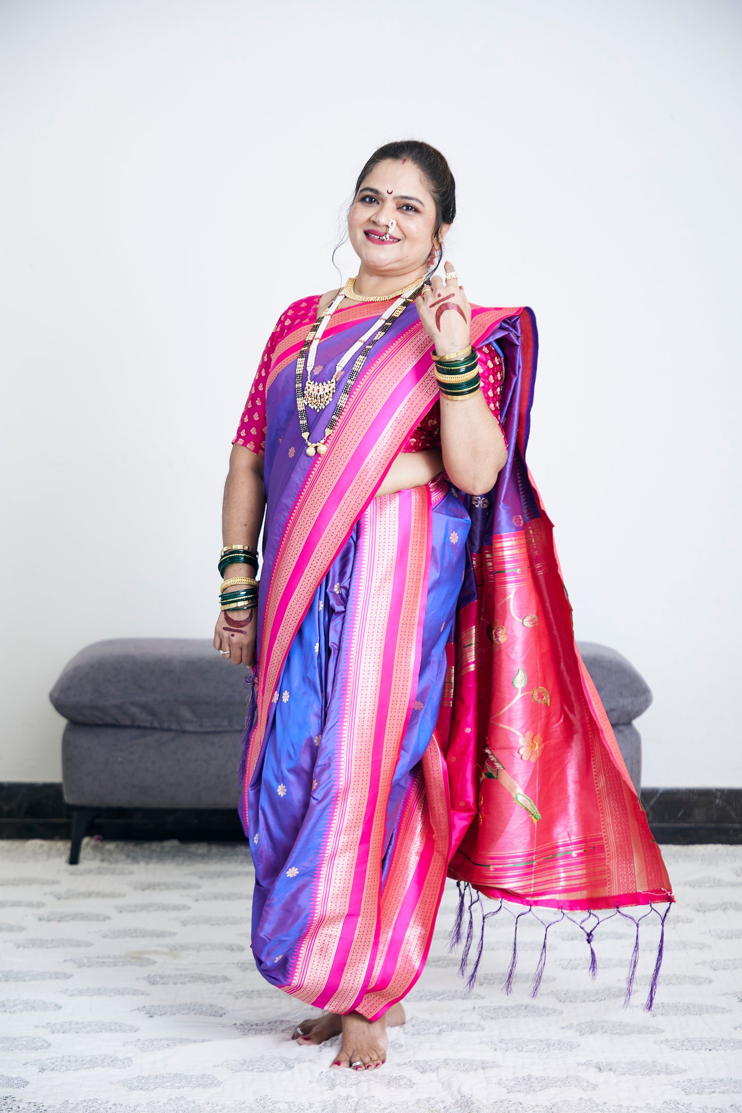 Rani & Royal Purple Nauvari Kanjivaram Silk blend Paithani Saree with unstitched blouse.