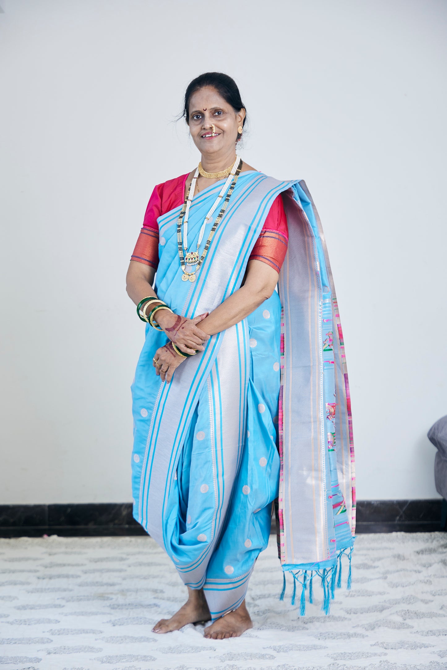 Neelkanth Blue Nauvari Kanjivaram Silk blend Paithani Saree with unstitched blouse
