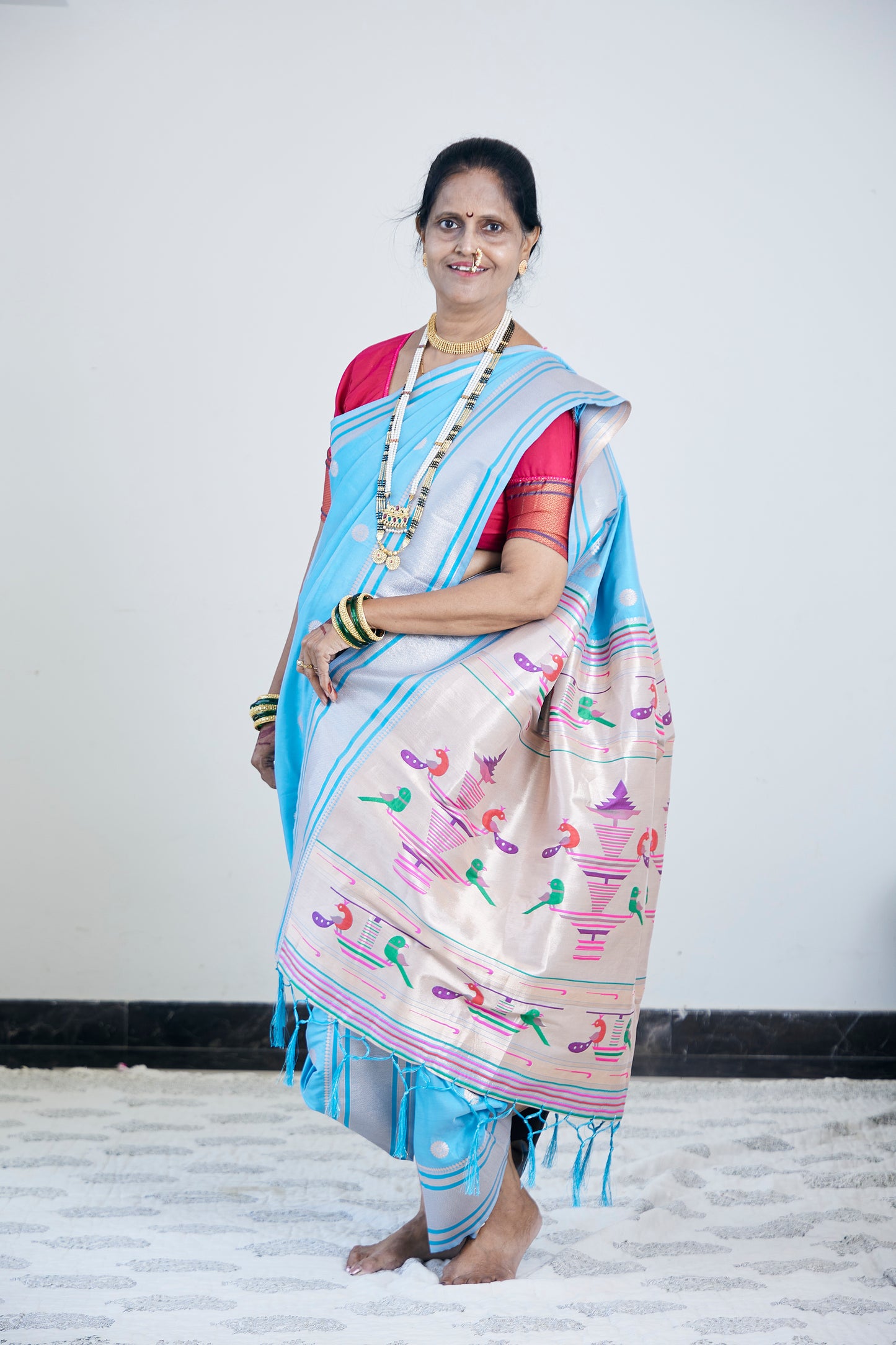 Neelkanth Blue Nauvari Kanjivaram Silk blend Paithani Saree with unstitched blouse