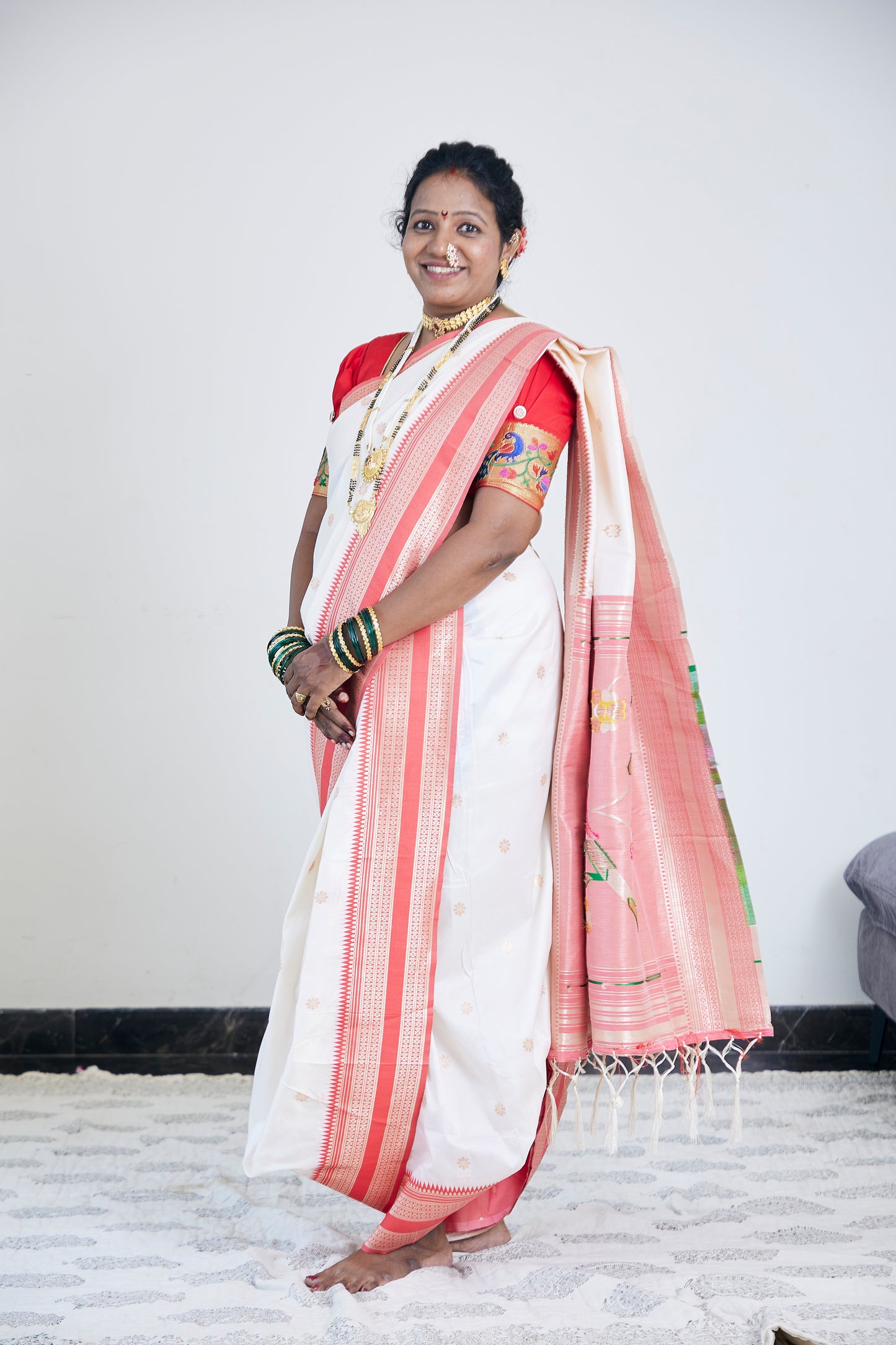 Coral Red & Ivory Cream Nauvari Kanjivaram Silk blend Paithani Saree with unstitched blouse.