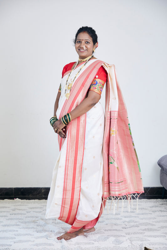 Ivory Cream & Coral Orange Parrot Paithani Nauvari