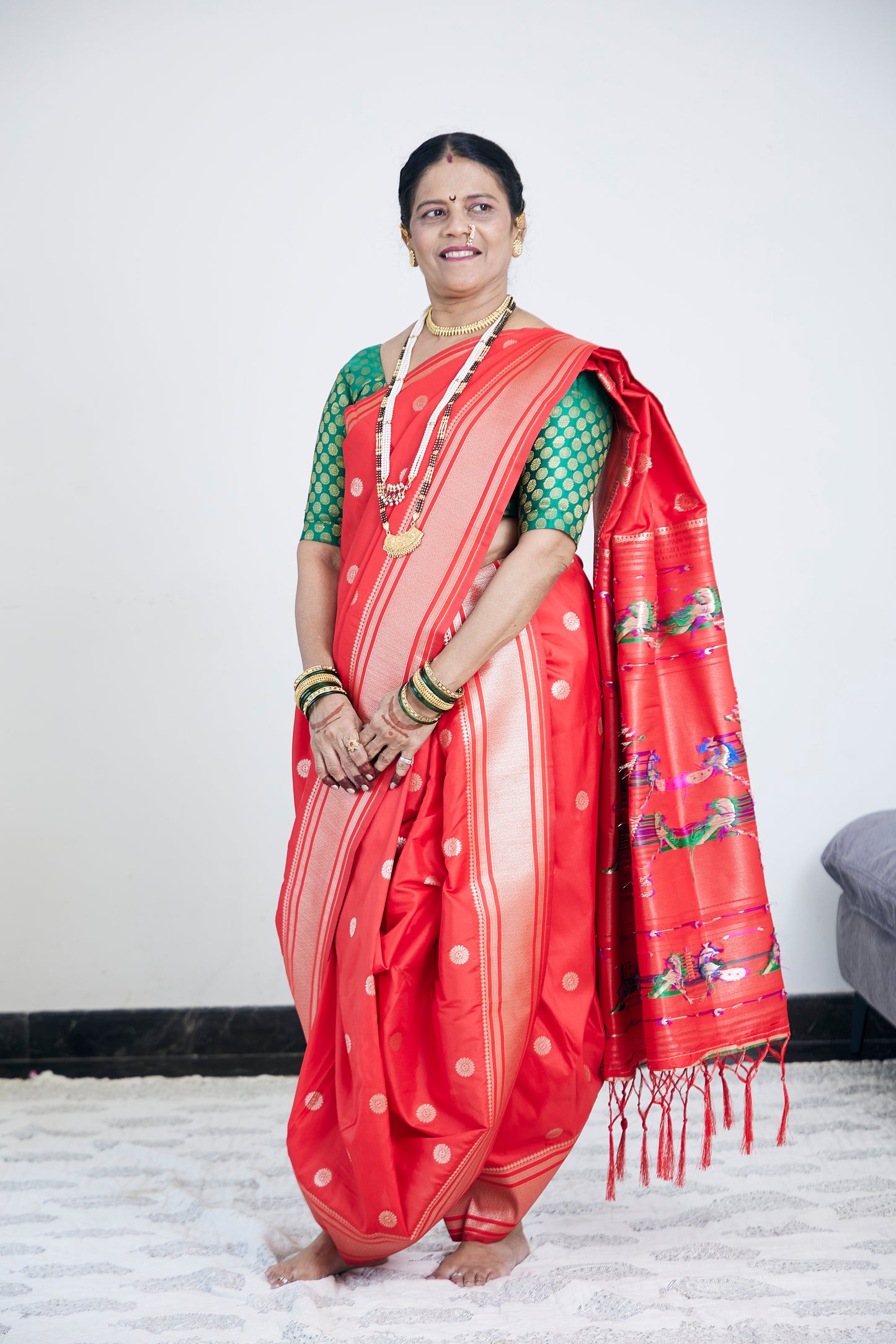Red Nauvari Kanjivaram Silk blend Paithani Saree with unstitched blouse