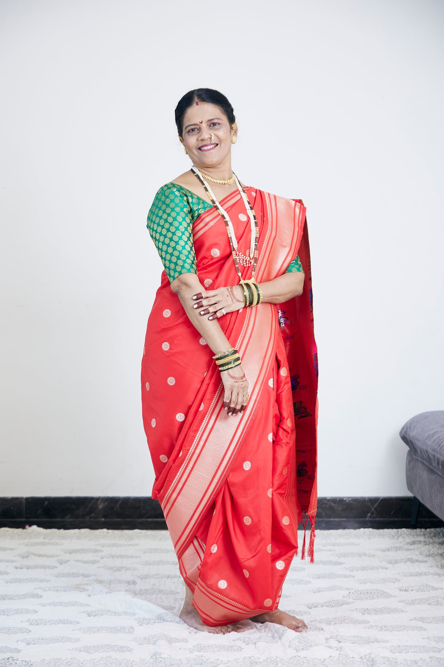 Red Nauvari Kanjivaram Silk blend Paithani Saree with unstitched blouse