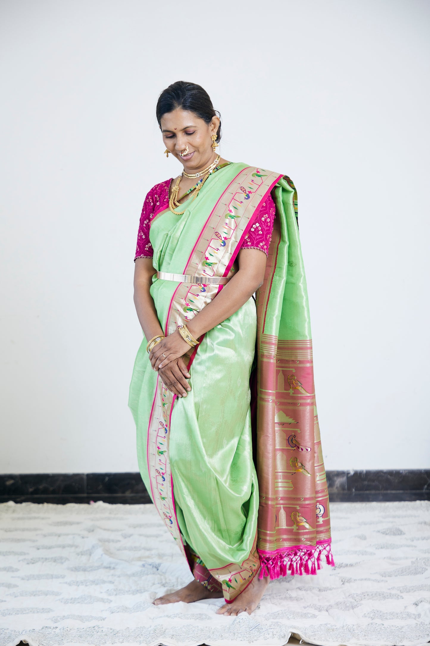 Green Silk Blend Tissue  Paithani Saree with unstitched blouse