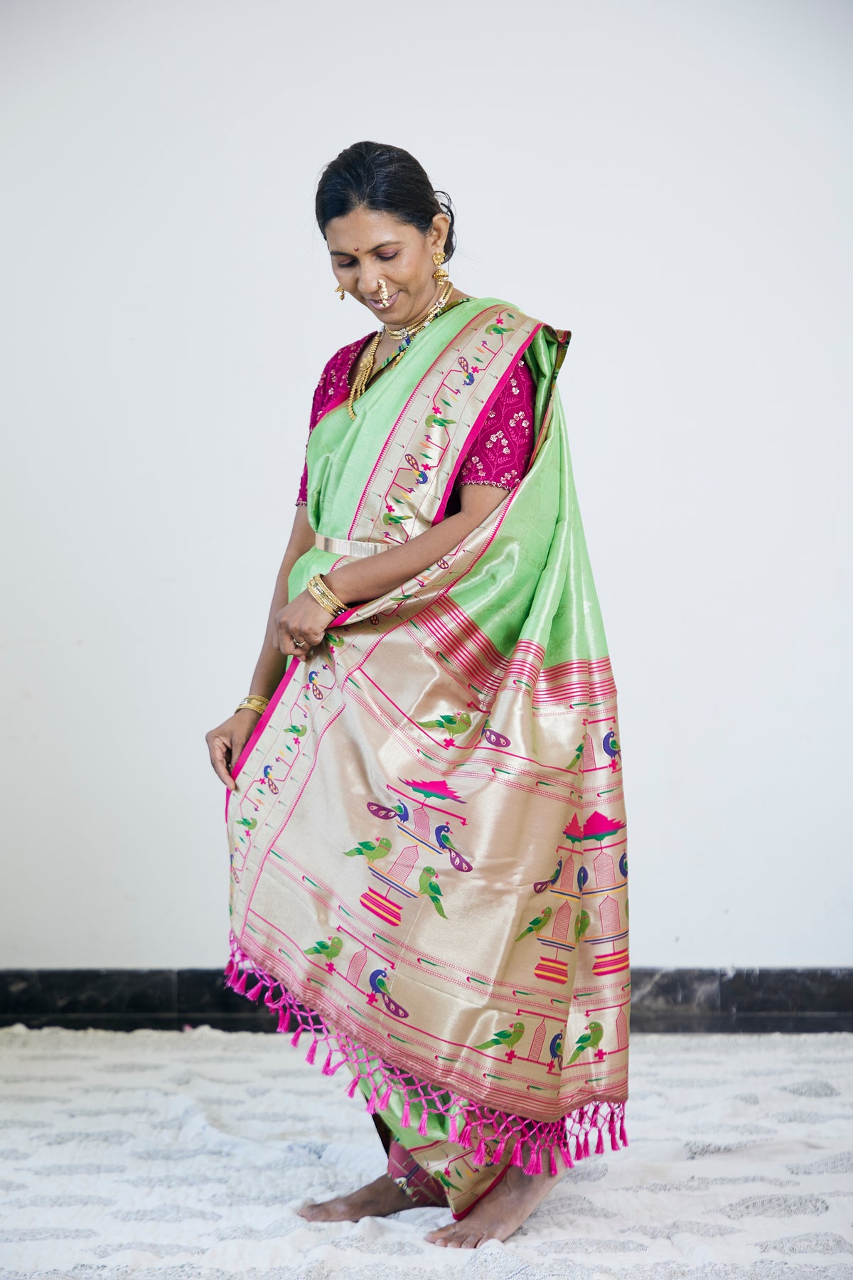 Parrot Green Tissue Silk Blend Paithani