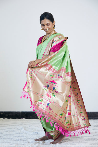 Parrot Green Tissue Silk Blend Paithani