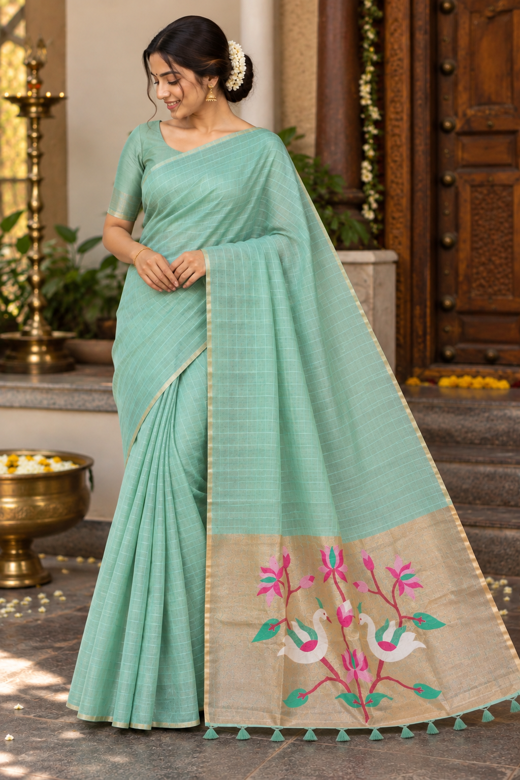 Mint Green Tissue Pallu Cotton Saree