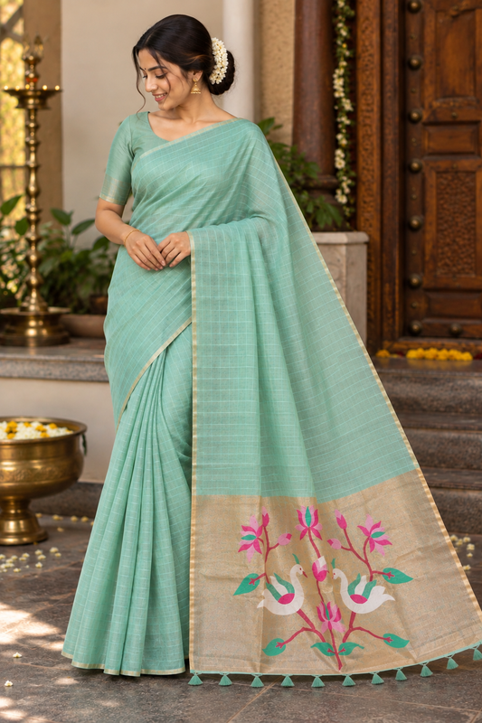 Mint Green Tissue Pallu Cotton Saree