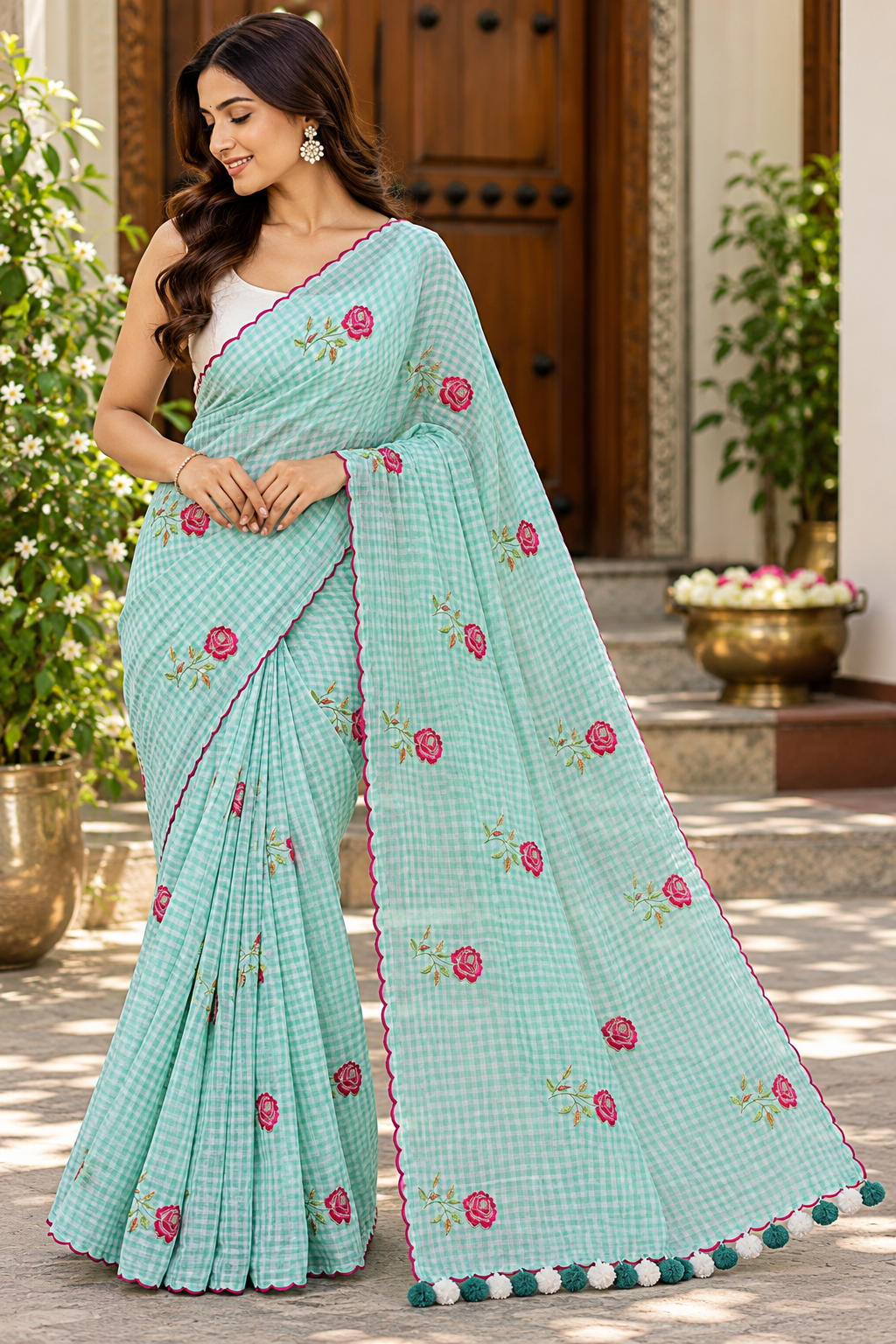 Mint Rose Check Mulmul Saree