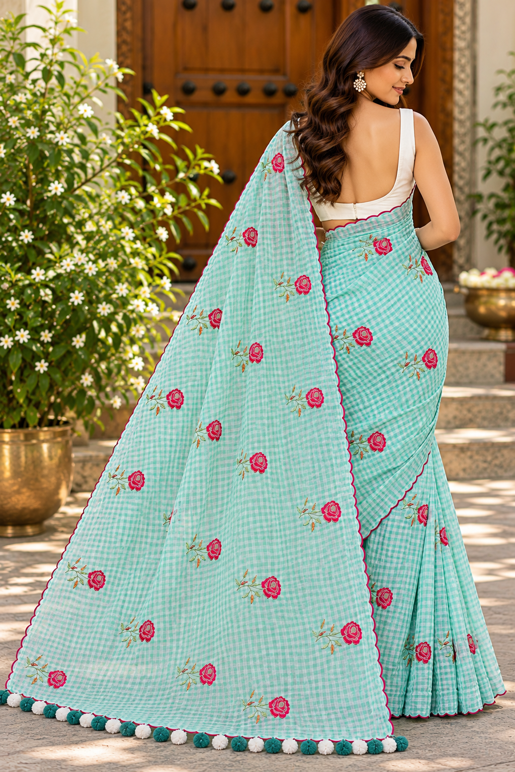 Mint Rose Check Mulmul Saree