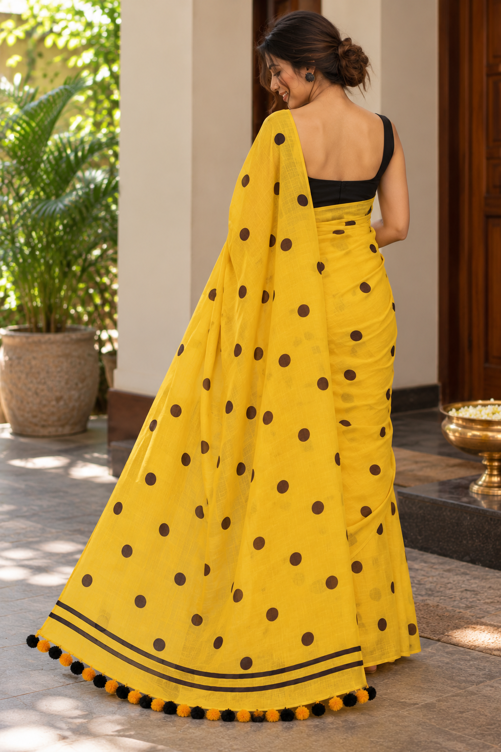 Mustard Yellow Polka Dot Pure Mulmul Saree