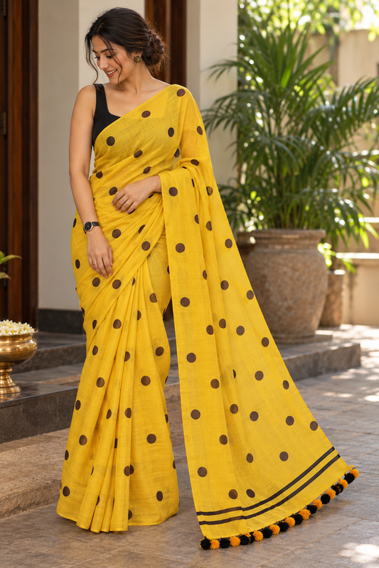Mustard Yellow Polka Dot Pure Mulmul Saree