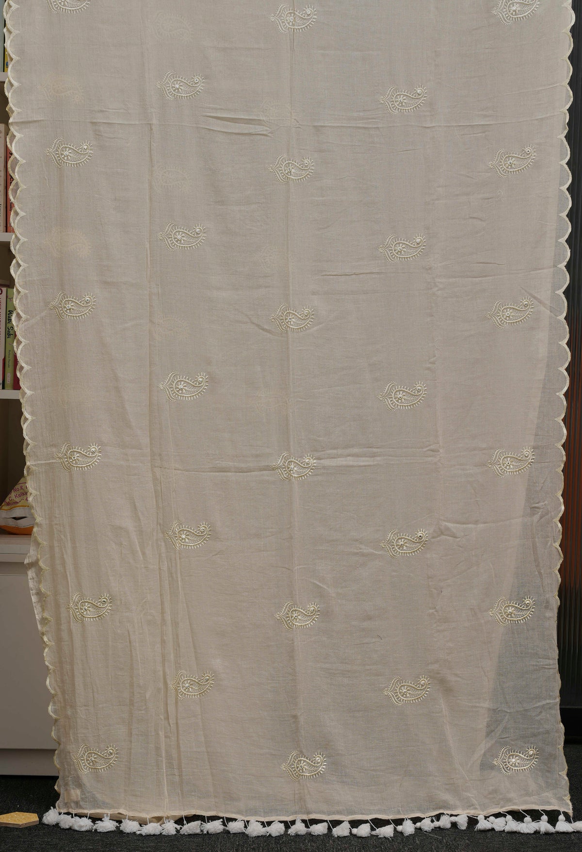 Ivory White Embroidered Pure Mulmul Saree