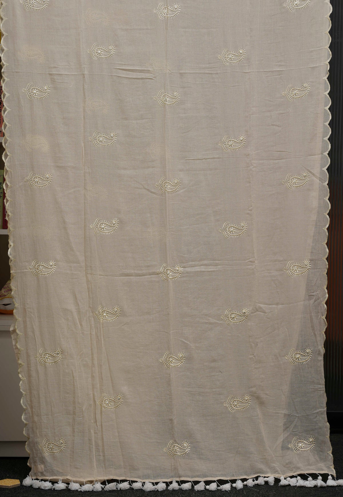 Ivory White Embroidered Pure Mulmul Saree