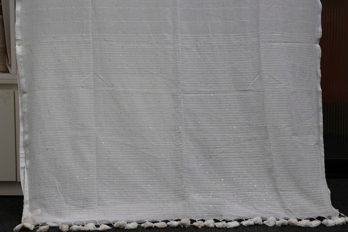 Ivory White Sequins Pure Mulmul Saree