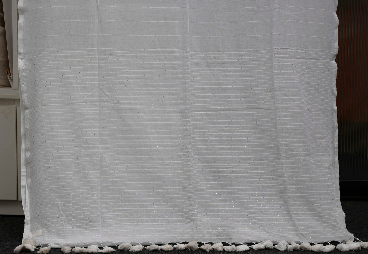 Ivory White Sequins Pure Mulmul Saree