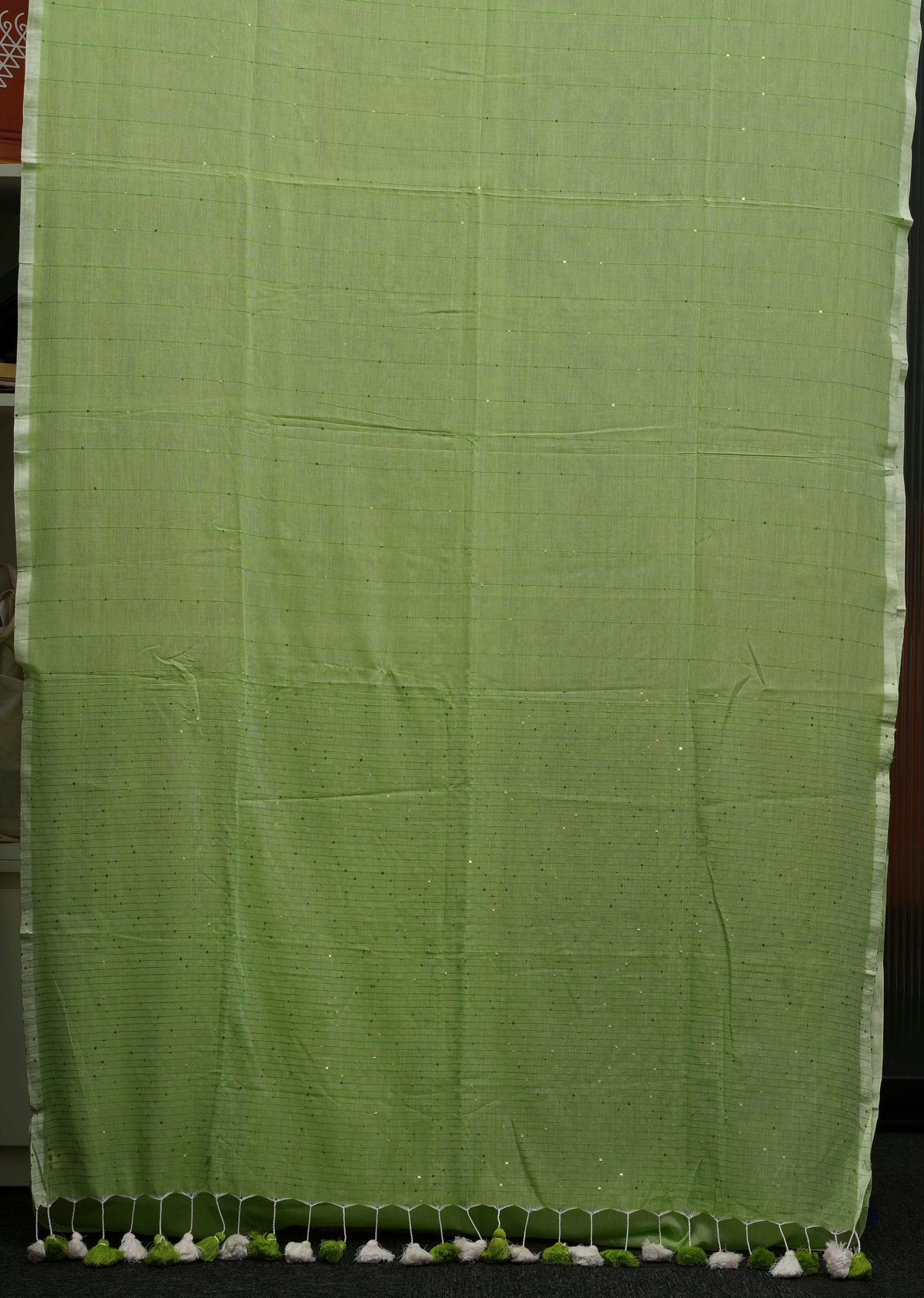 Sage Green Sequins Pure Mulmul Saree