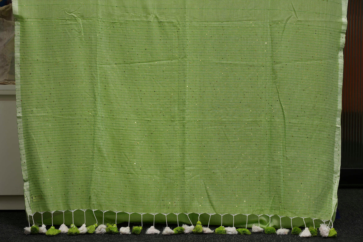 Sage Green Sequins Pure Mulmul Saree