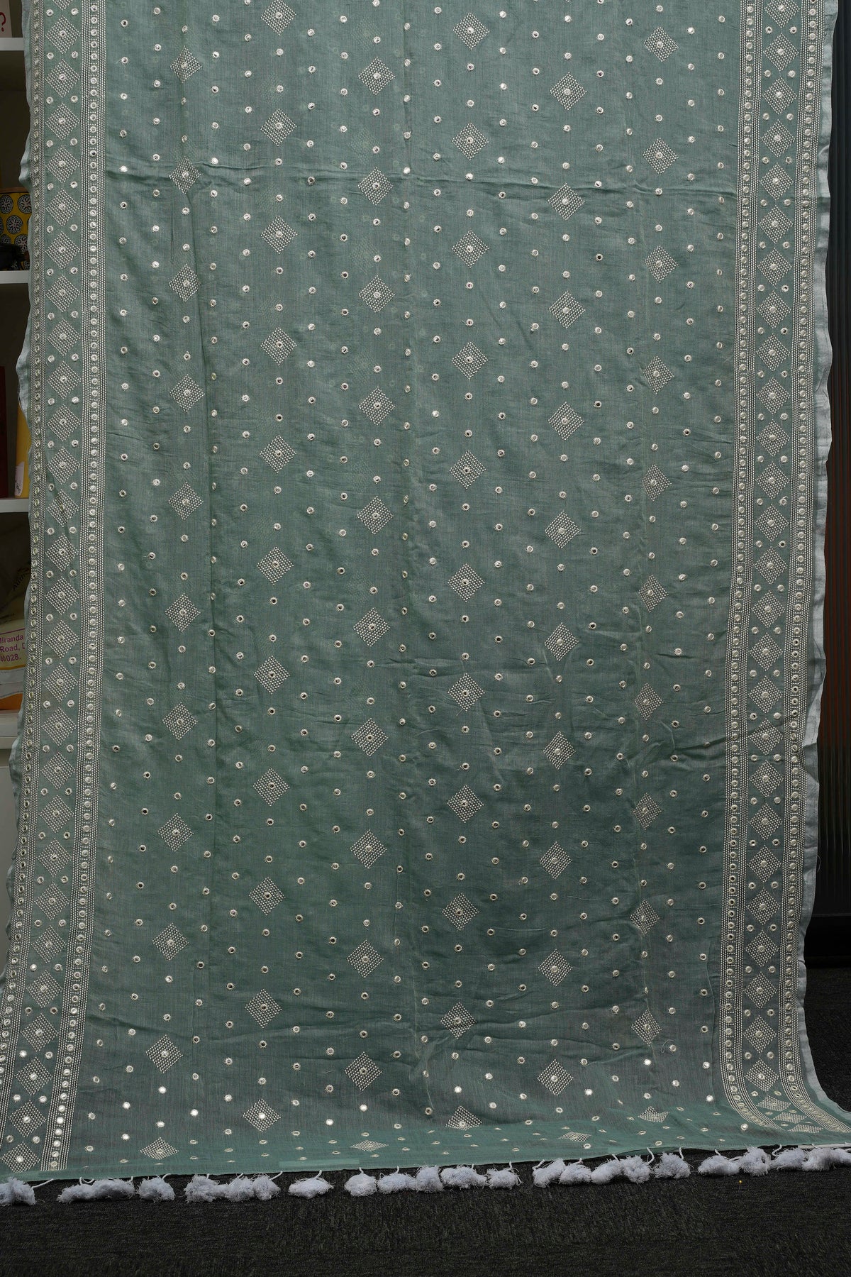 Sage Green Mirror Embroidery Mulmul Saree