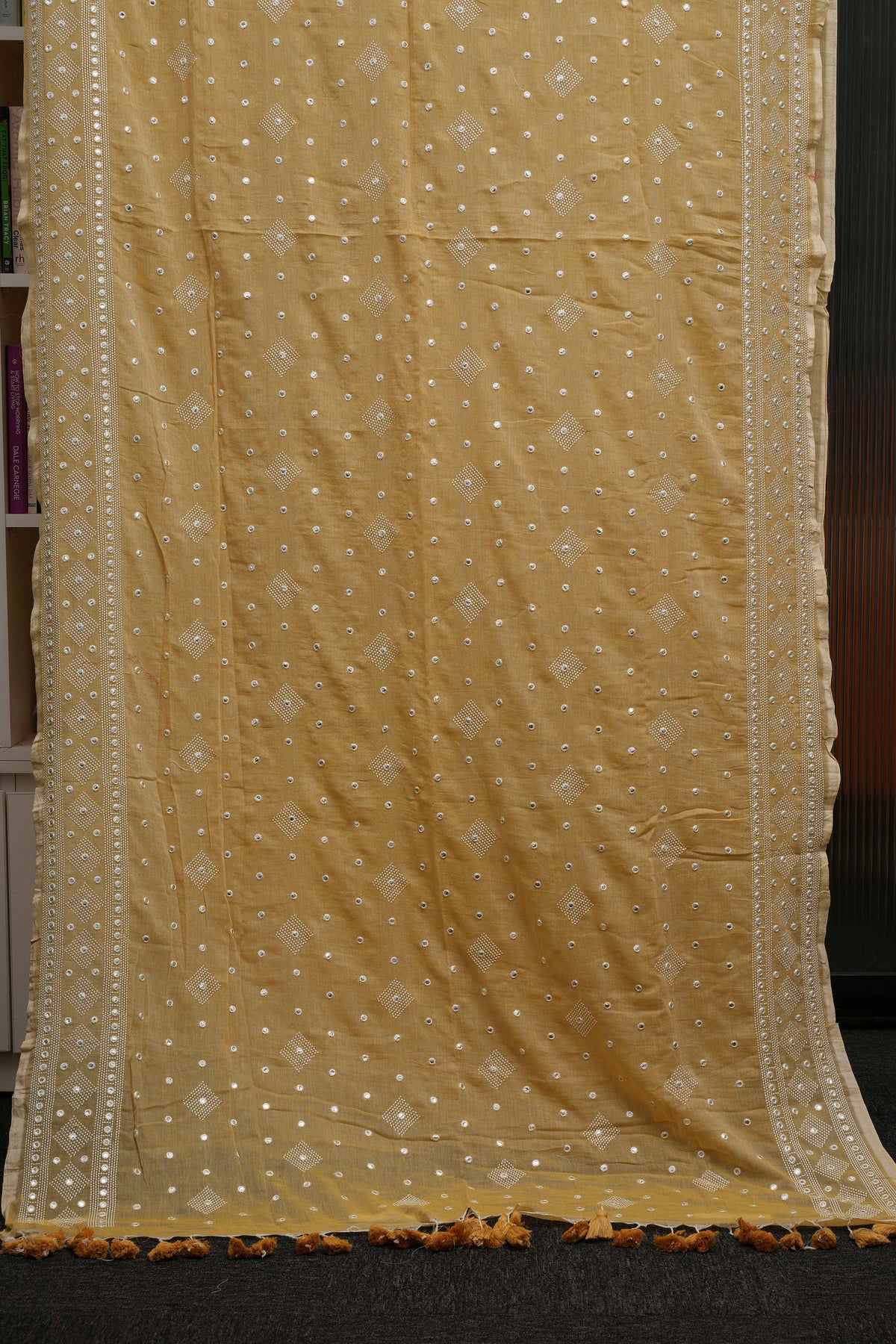 Mustard Gold Mirror Embroidery Mulmul Saree