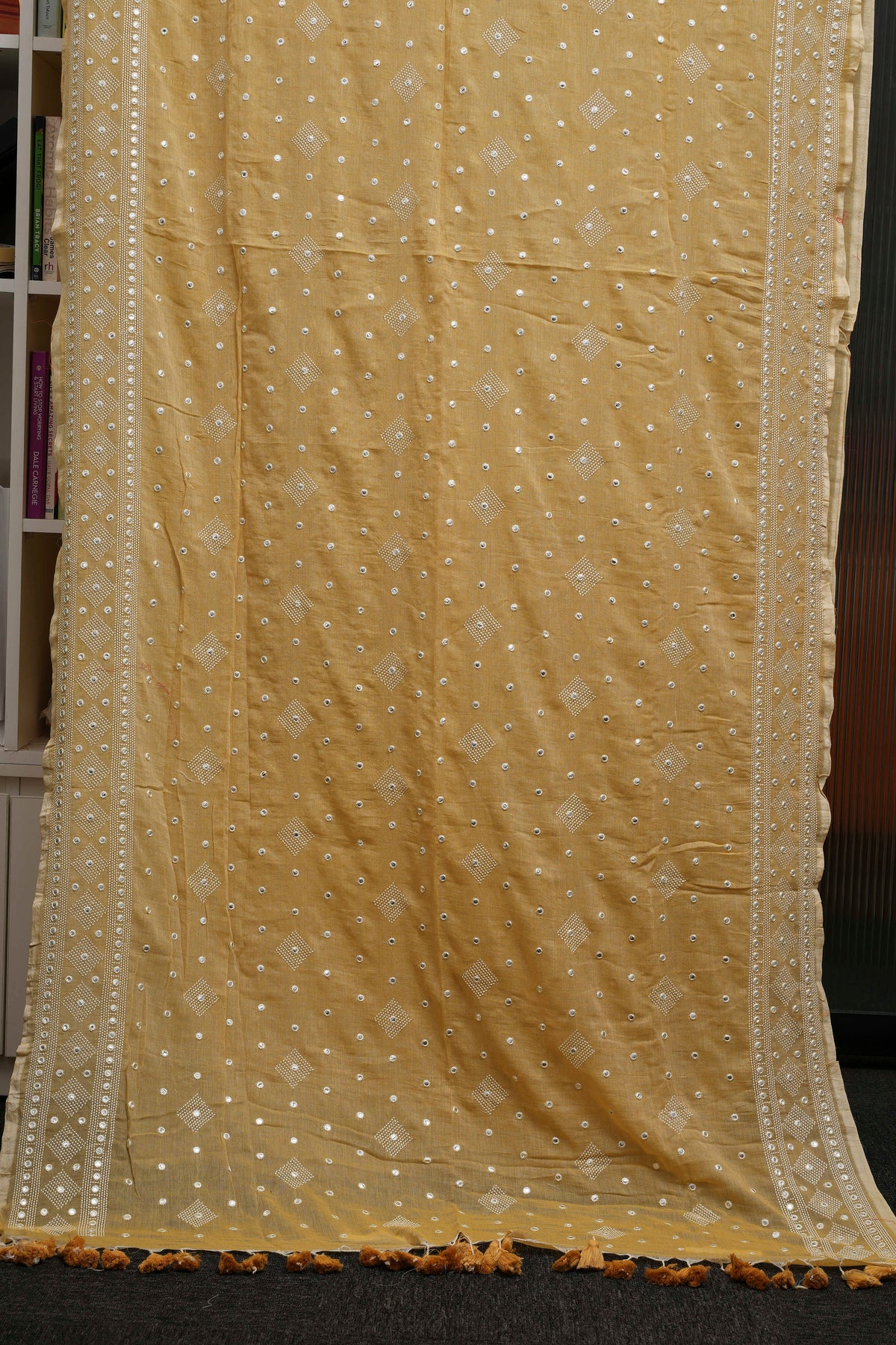 Mustard Gold Mirror Embroidery Mulmul Saree