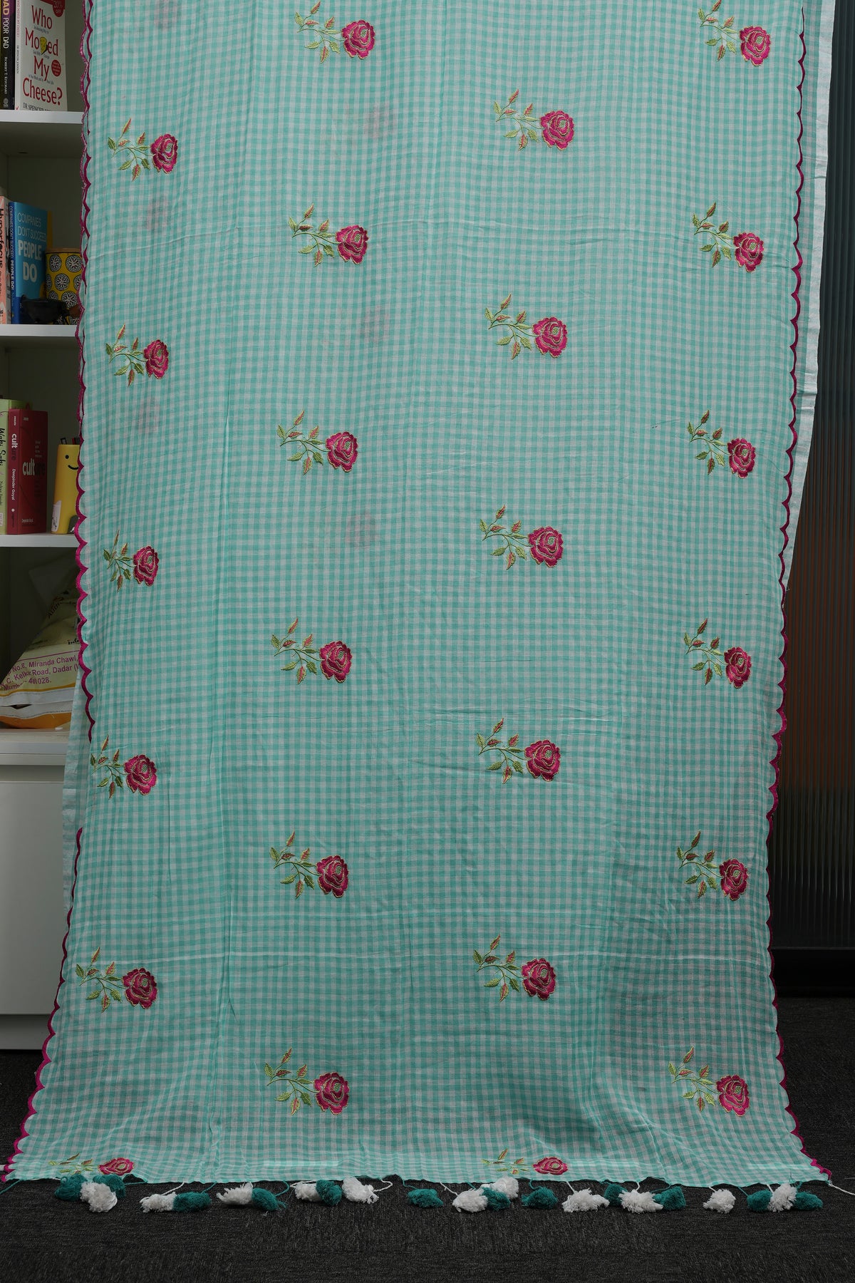 Mint Rose Check Mulmul Saree
