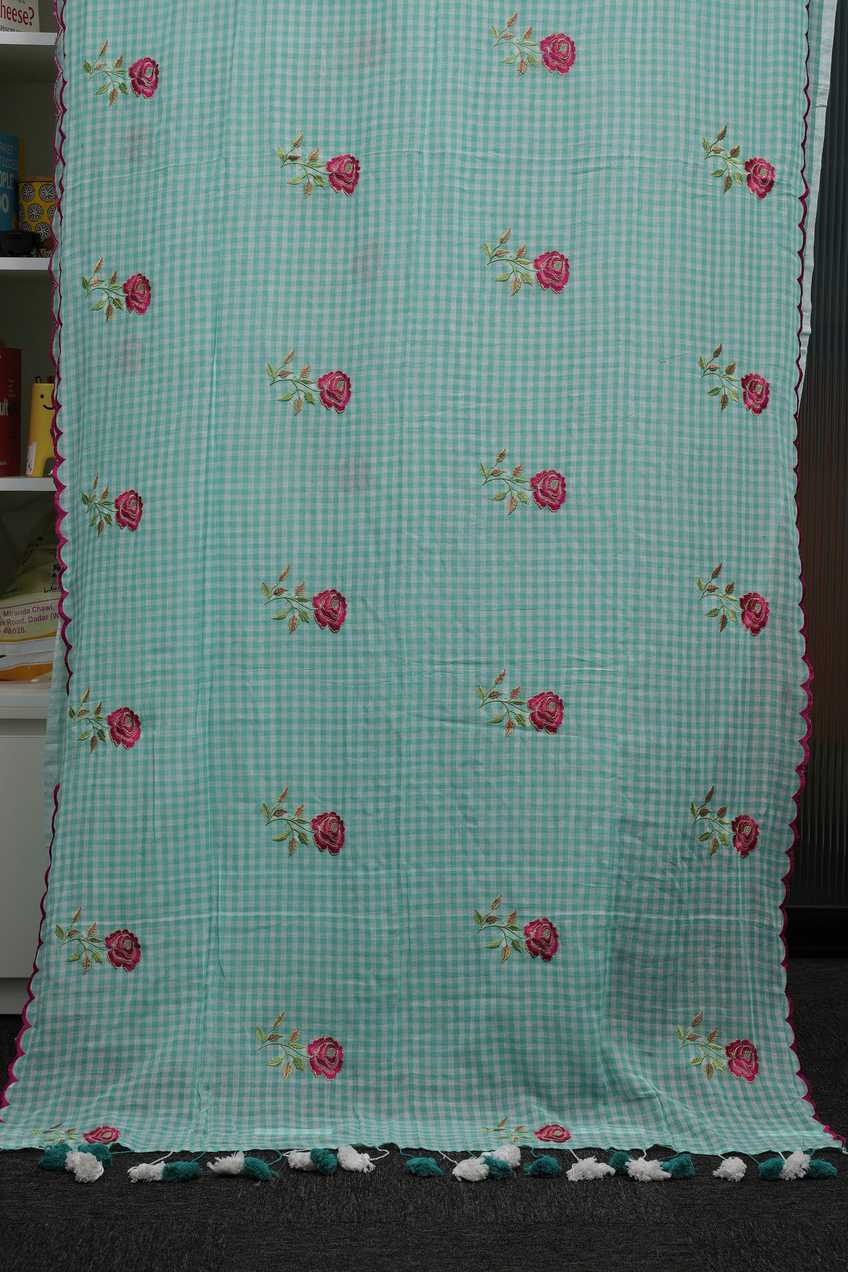 Mint Rose Check Mulmul Saree