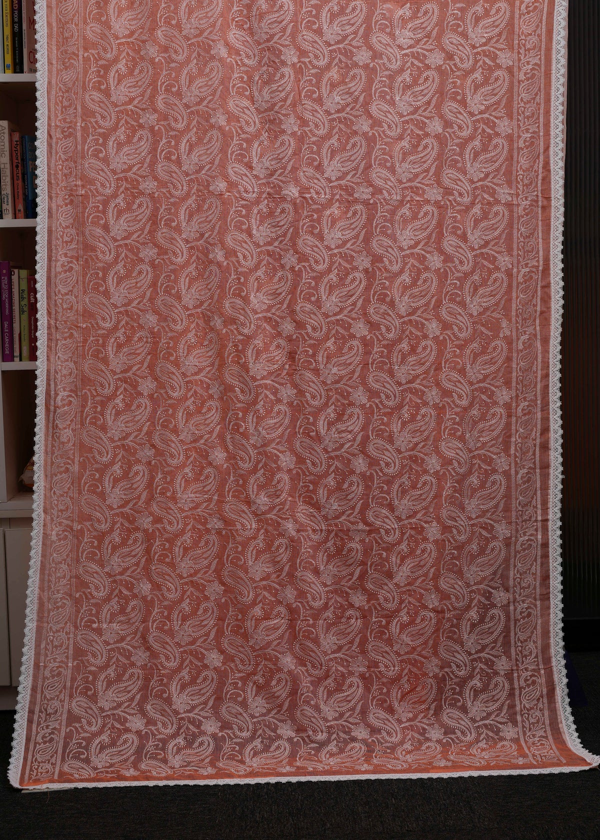 Burnt Orange Chikankari Mulmul Saree