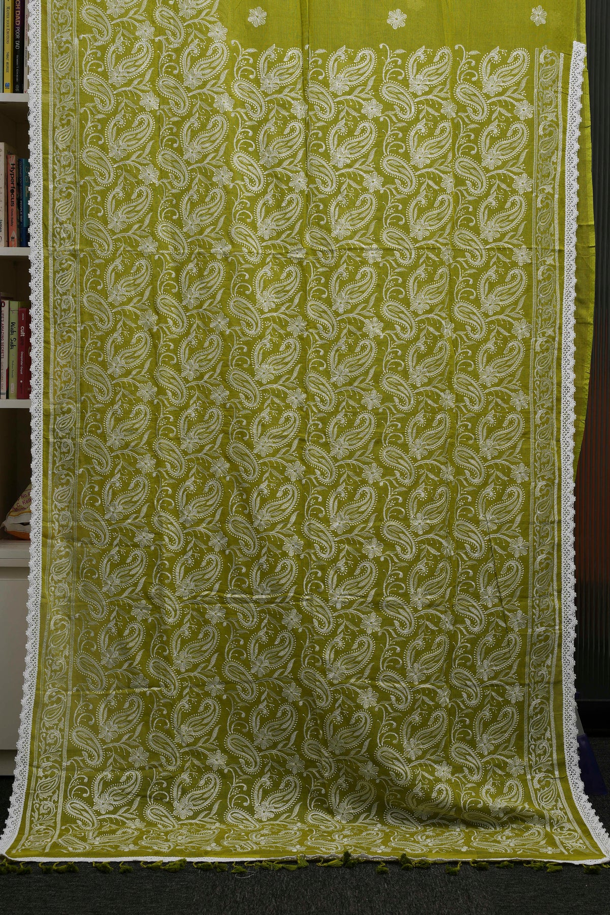 Parrot Green Chikankari Mulmul Saree