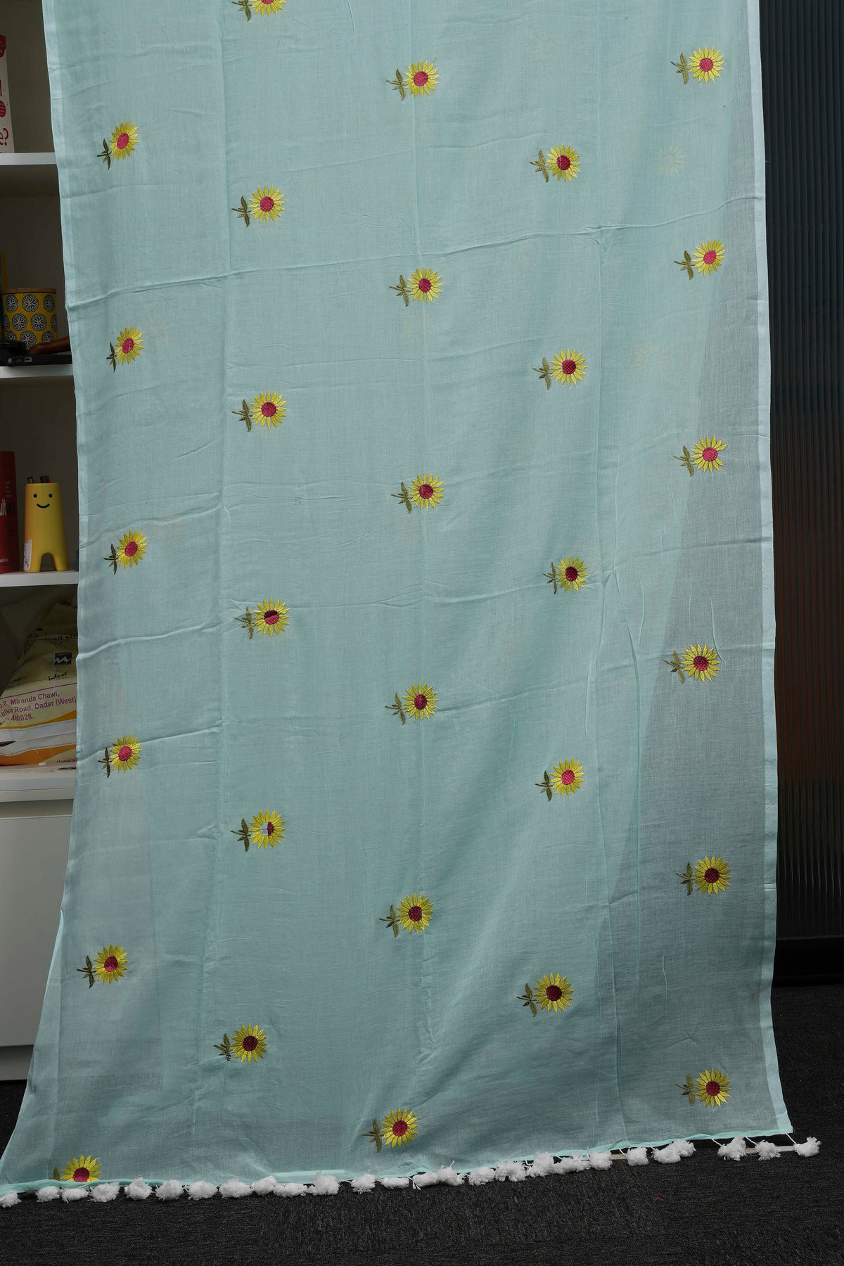Aqua Blue Sunflower Pure Mulmul Saree